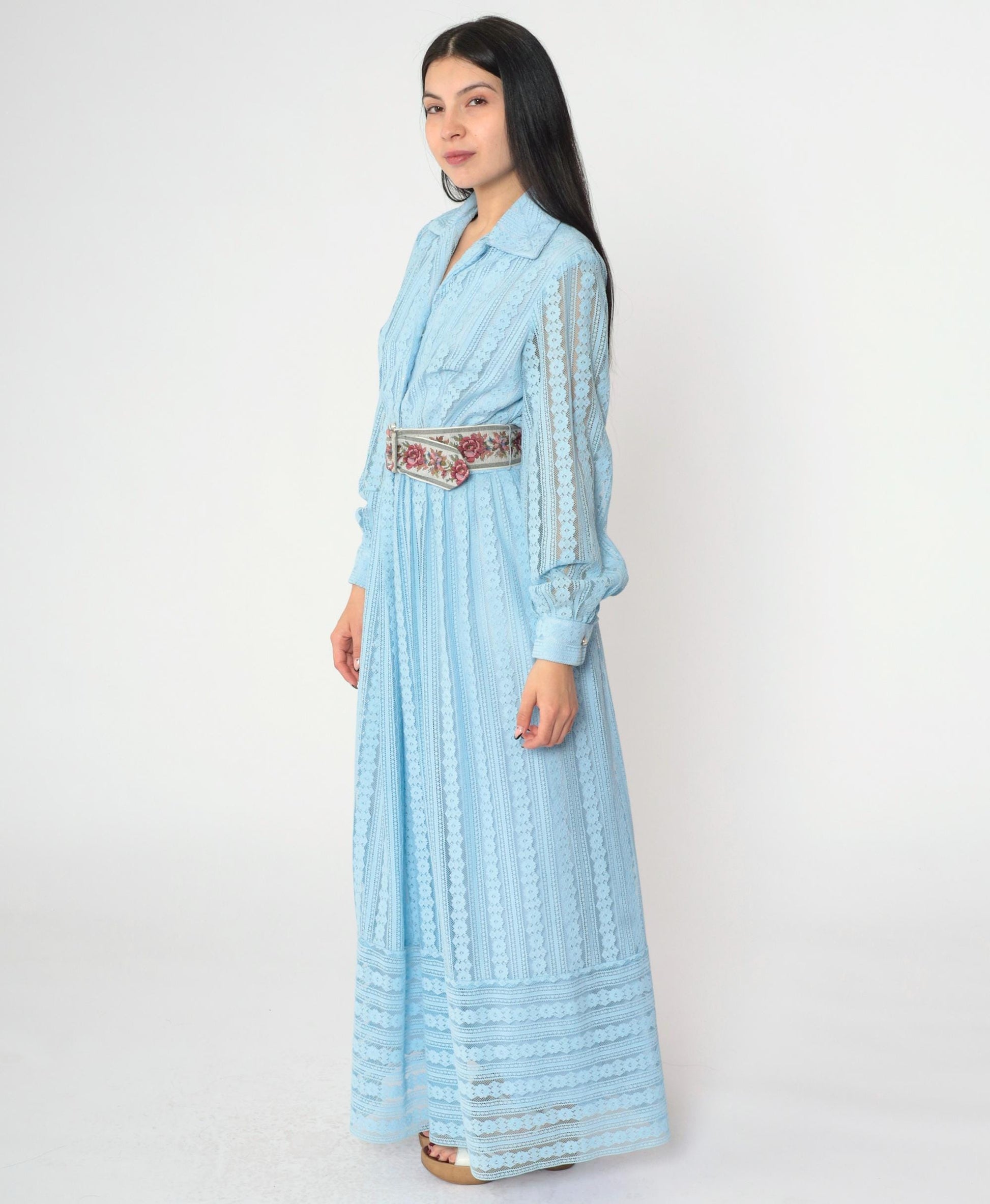 70s Baby Blue Crochet Lace Maxi Dress Pearl Buttons High Waist Small