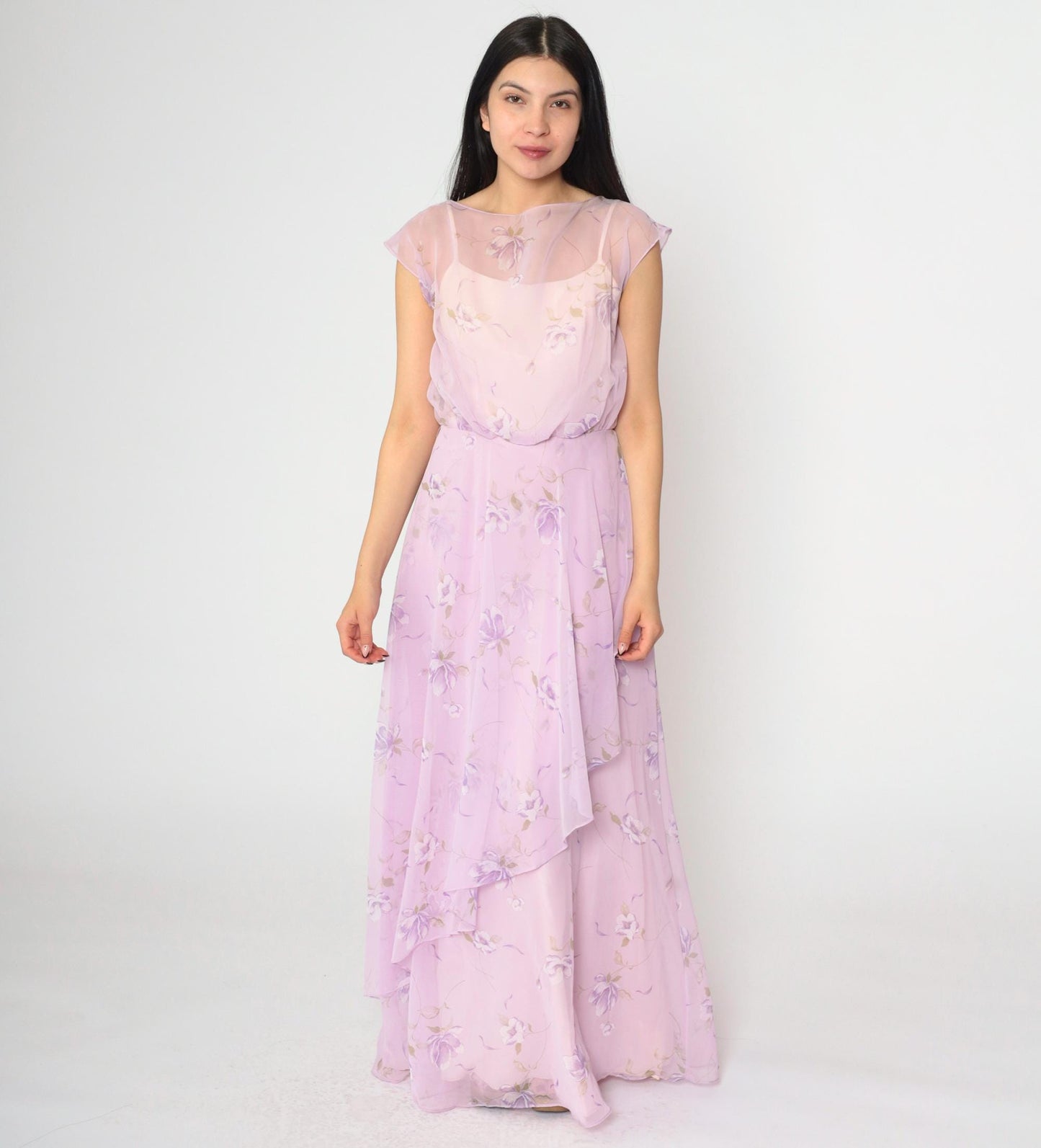 70s Lavender Floral Chiffon Maxi Dress High Waist Asymmetrical Small