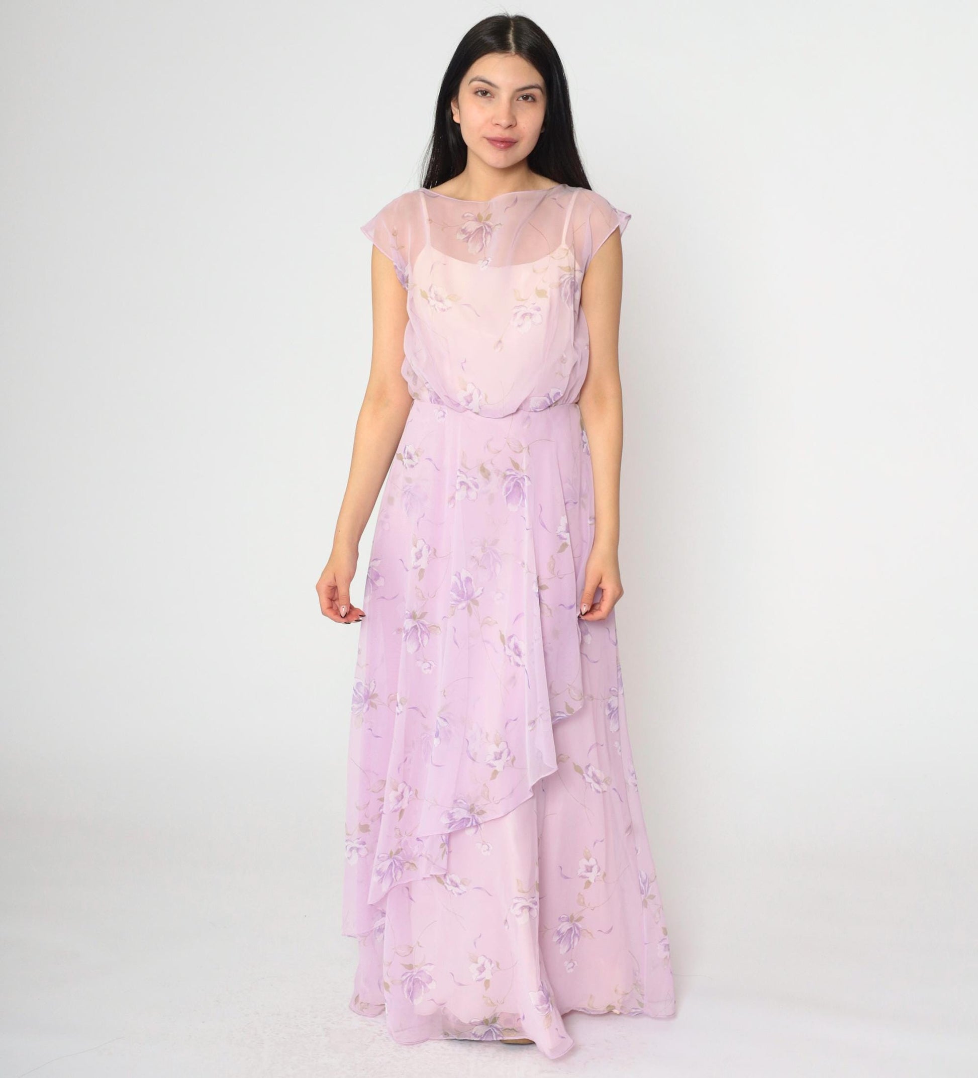 70s Lavender Floral Chiffon Maxi Dress High Waist Asymmetrical Small