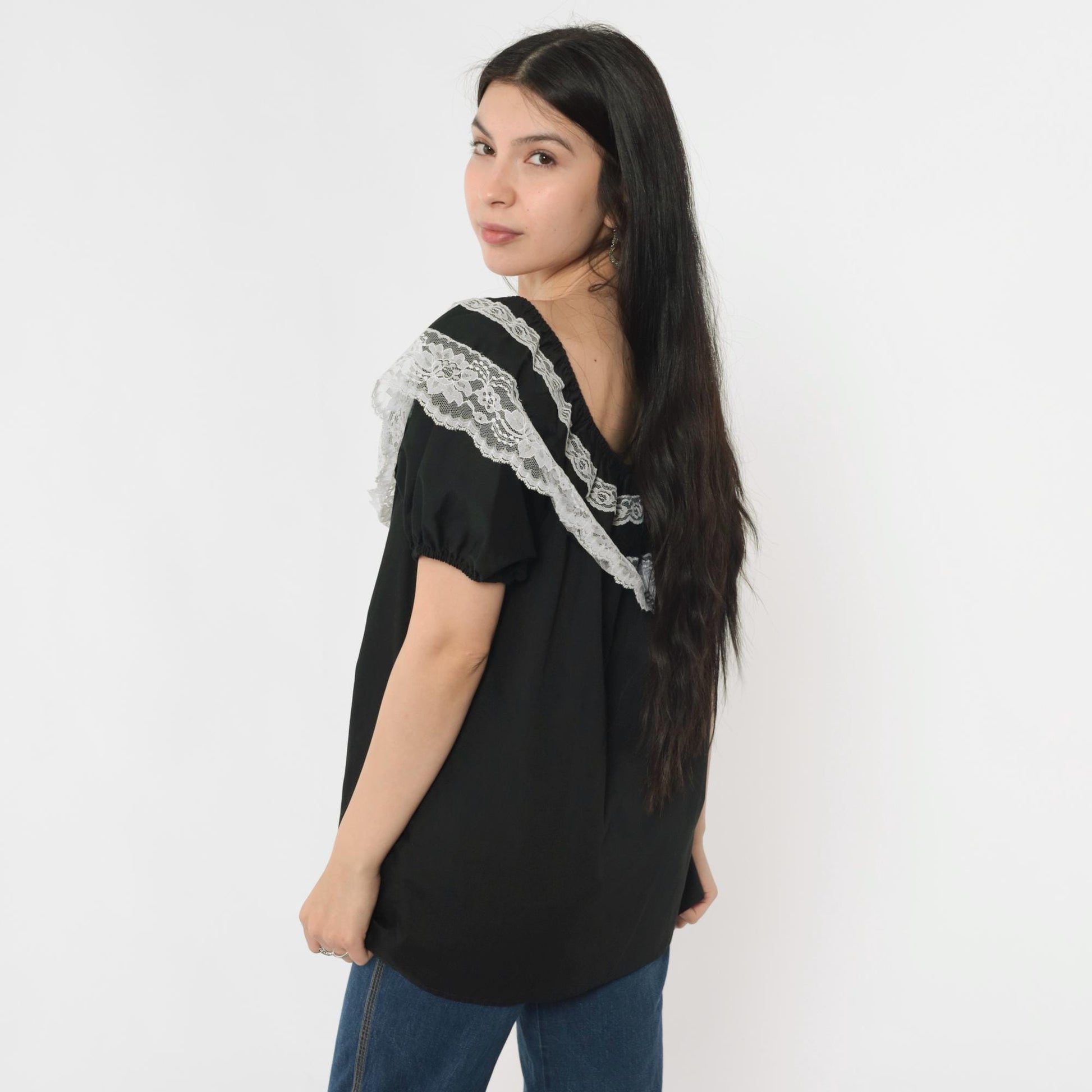 90s Black Peasant Blouse White Lace Trim Off-Shoulder Medium