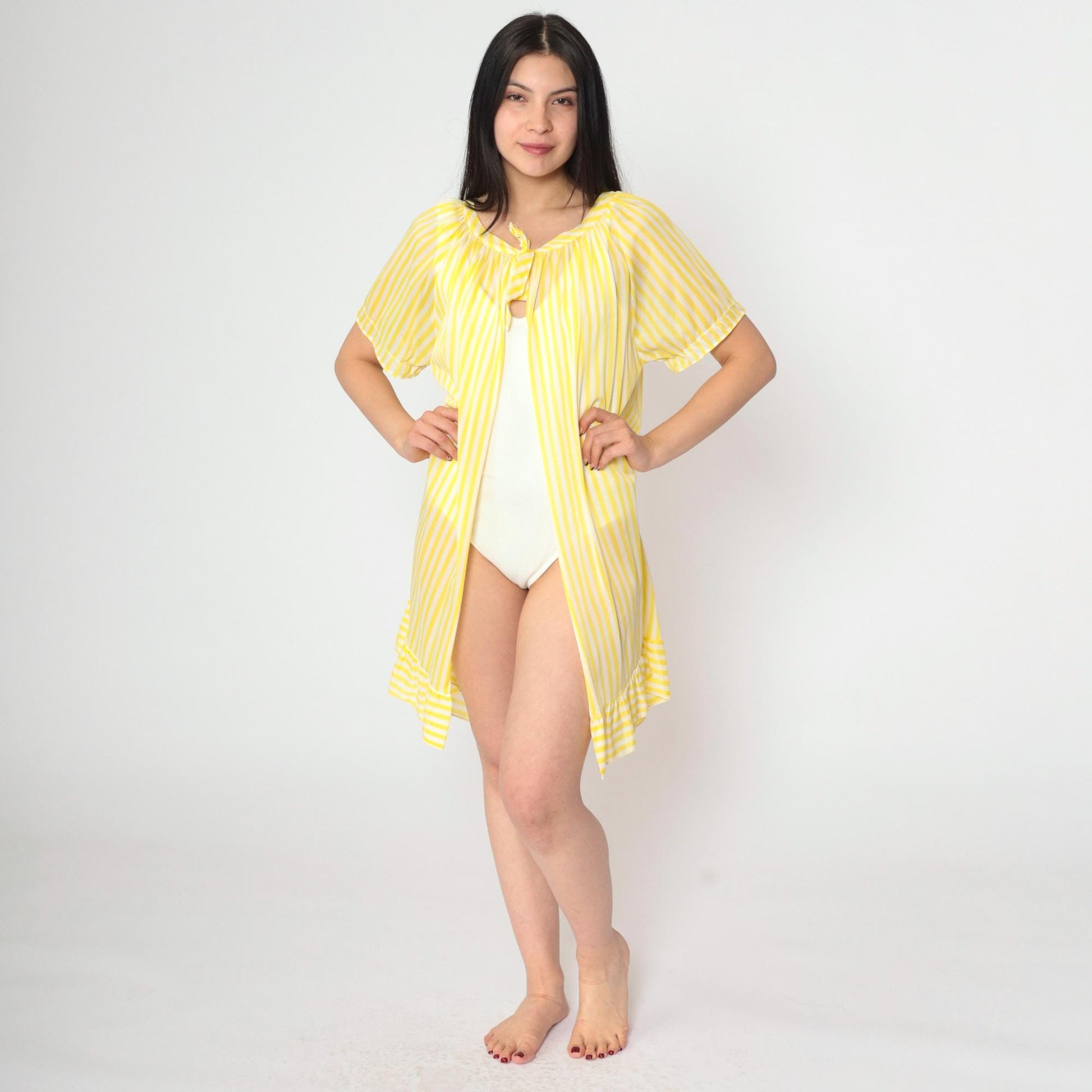70s Yellow White Striped Nylon Lingerie Robe Open Front Mini Large L
