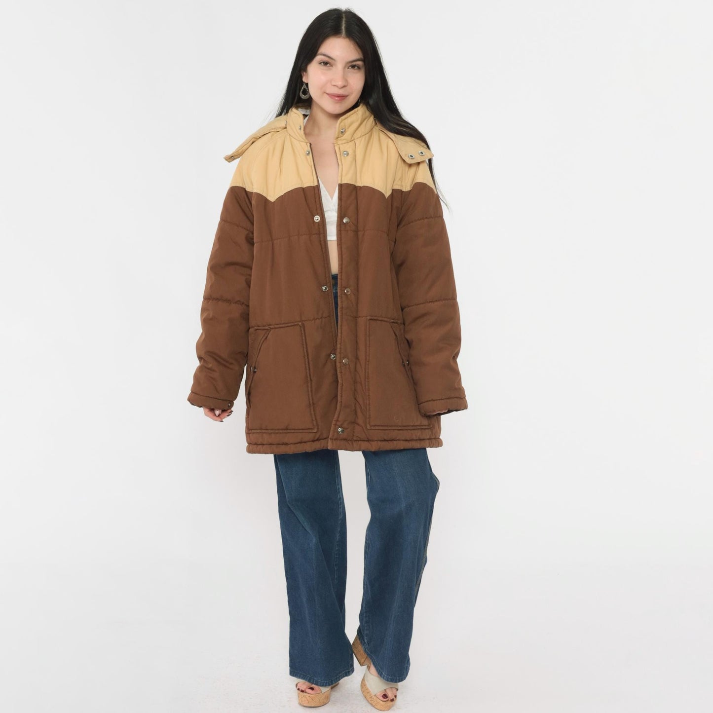 80s Western Puffer Jacket Two Tone Brown Tan Hooded Ski Coat Men's Large L