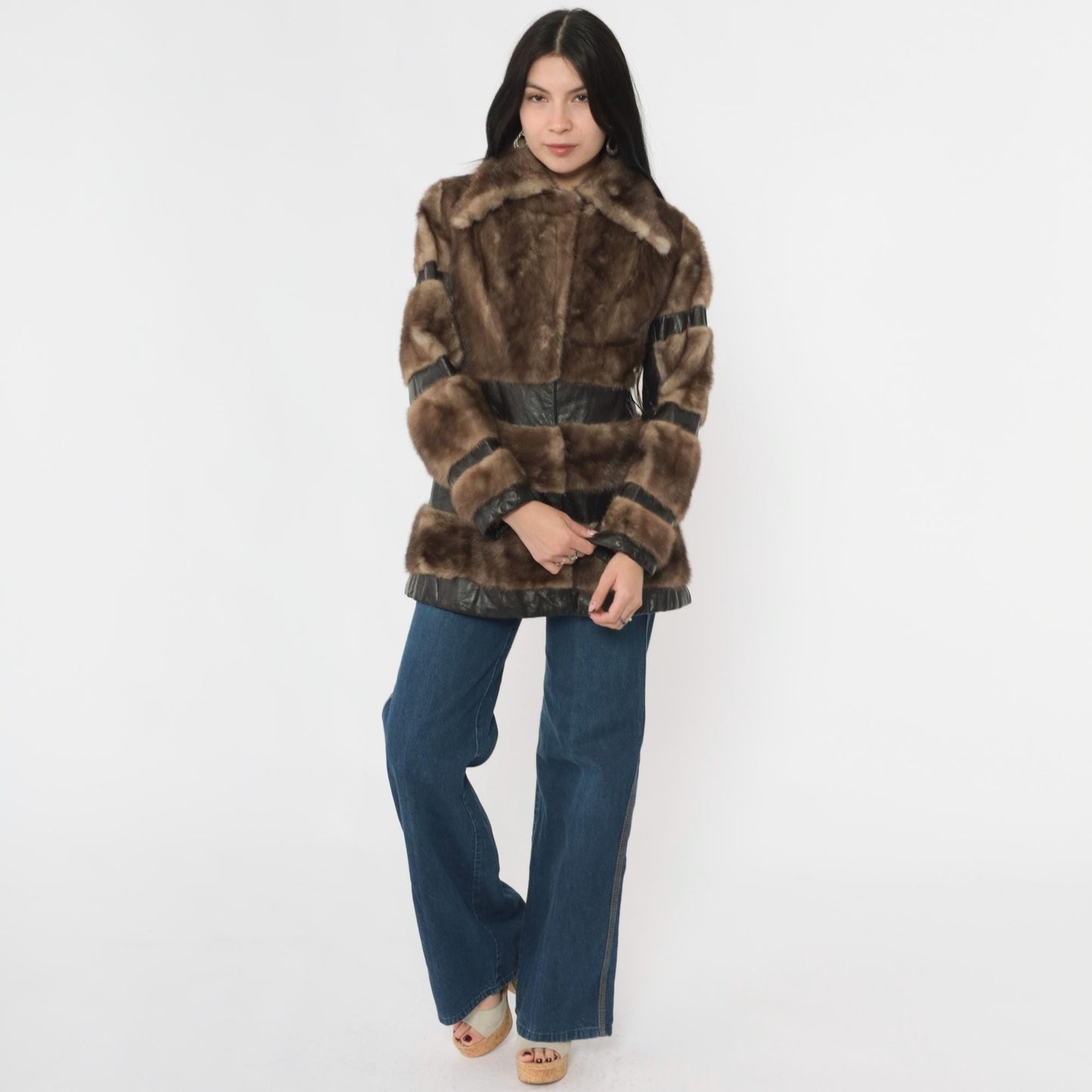 1970s Brown Leather Fur Patchwork Striped Mid-Length Jacket Small S