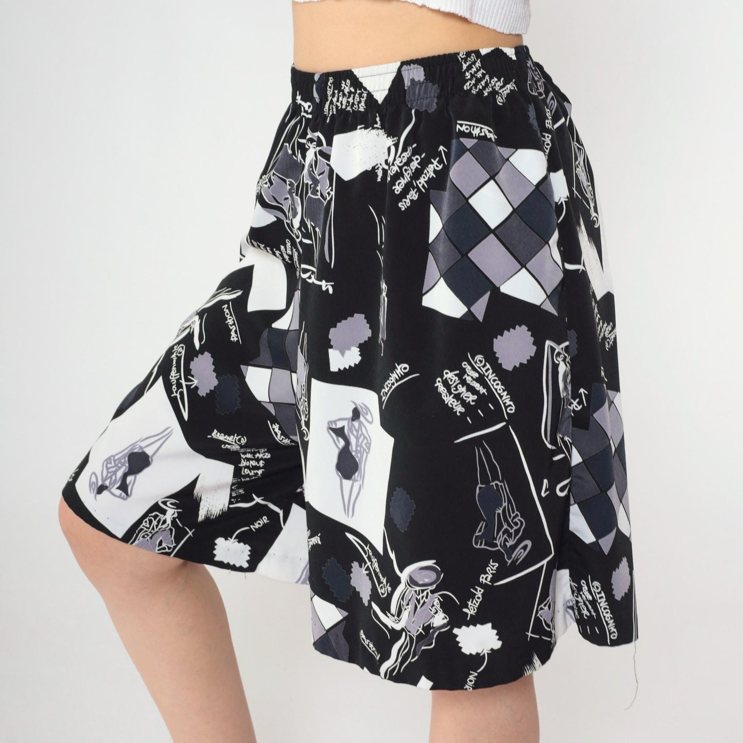 90s Black White Abstract Graphic Shorts Elastic Waist Baggy Medium Large