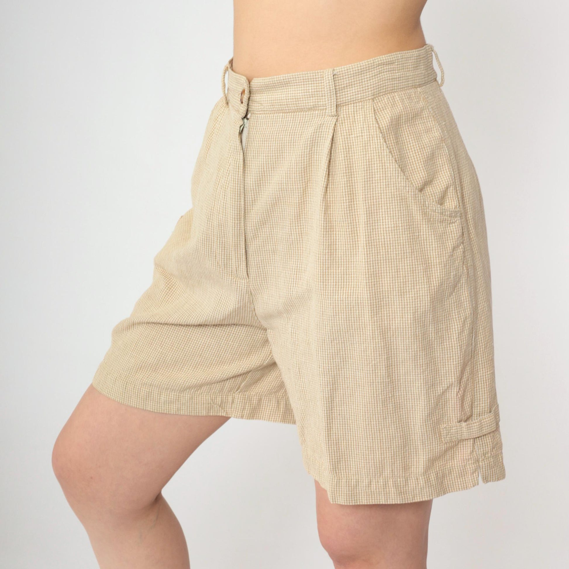 90s Talbots Houndstooth Pleated Shorts Tan High Waist Linen Small