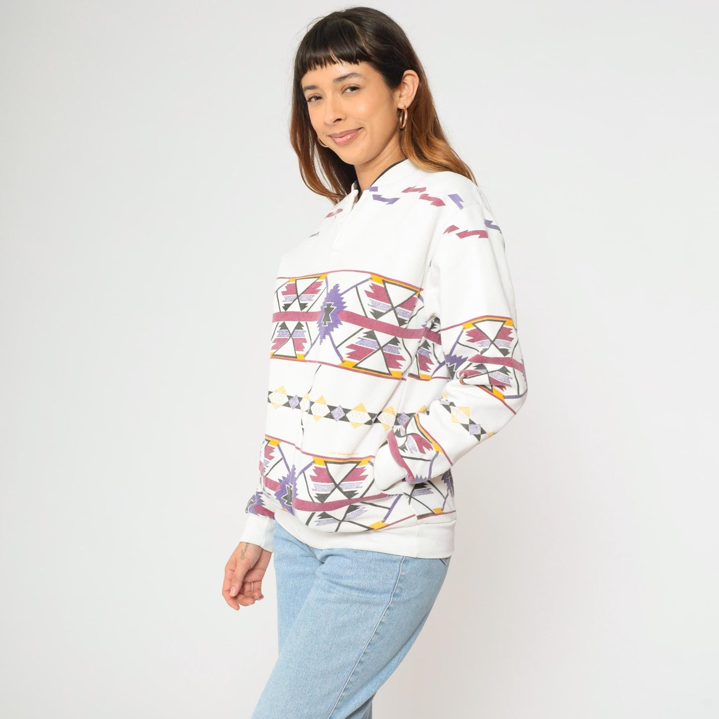 90s Southwestern Print Sweatshirt White Henley Neckline Medium M