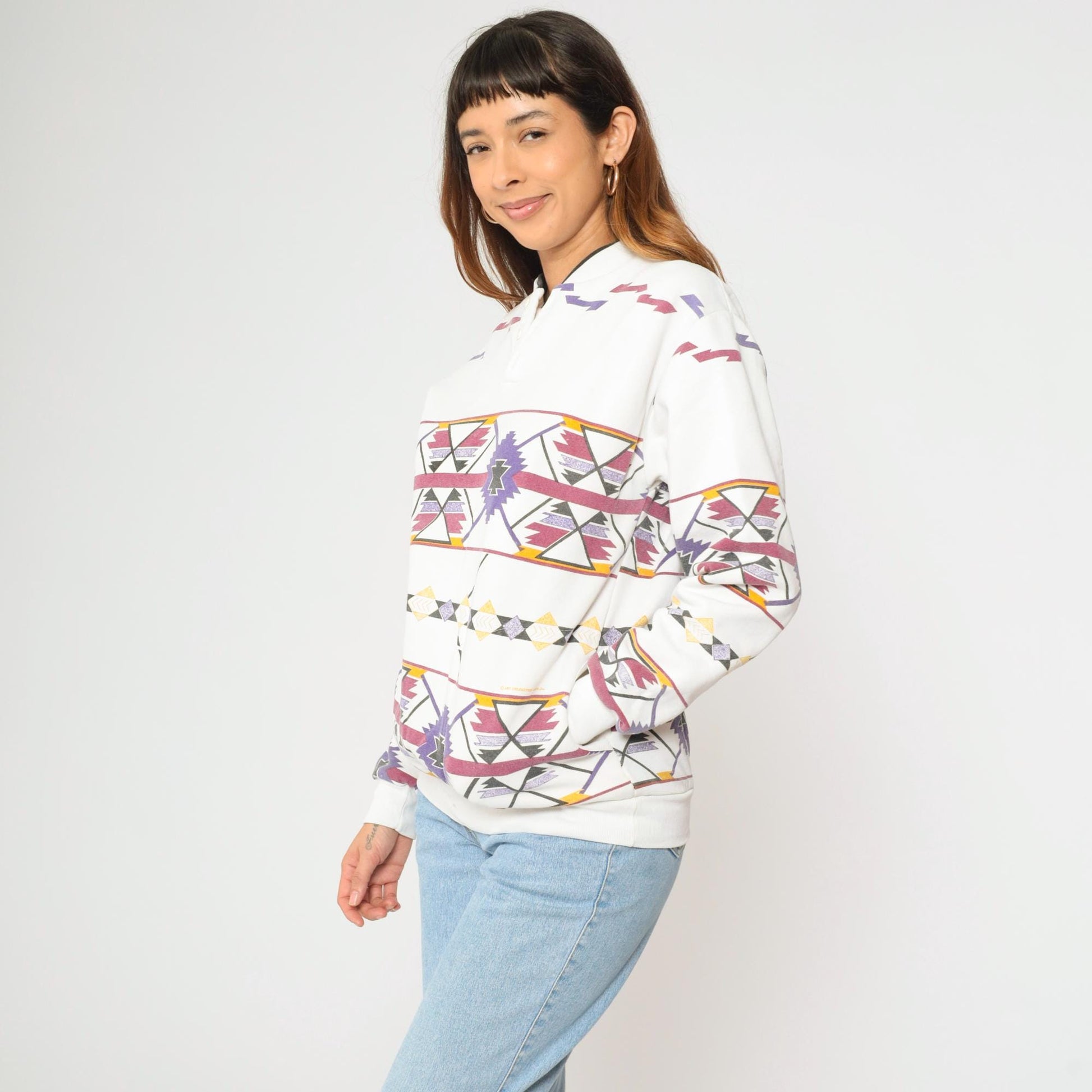 90s Southwestern Print Sweatshirt White Henley Neckline Medium M