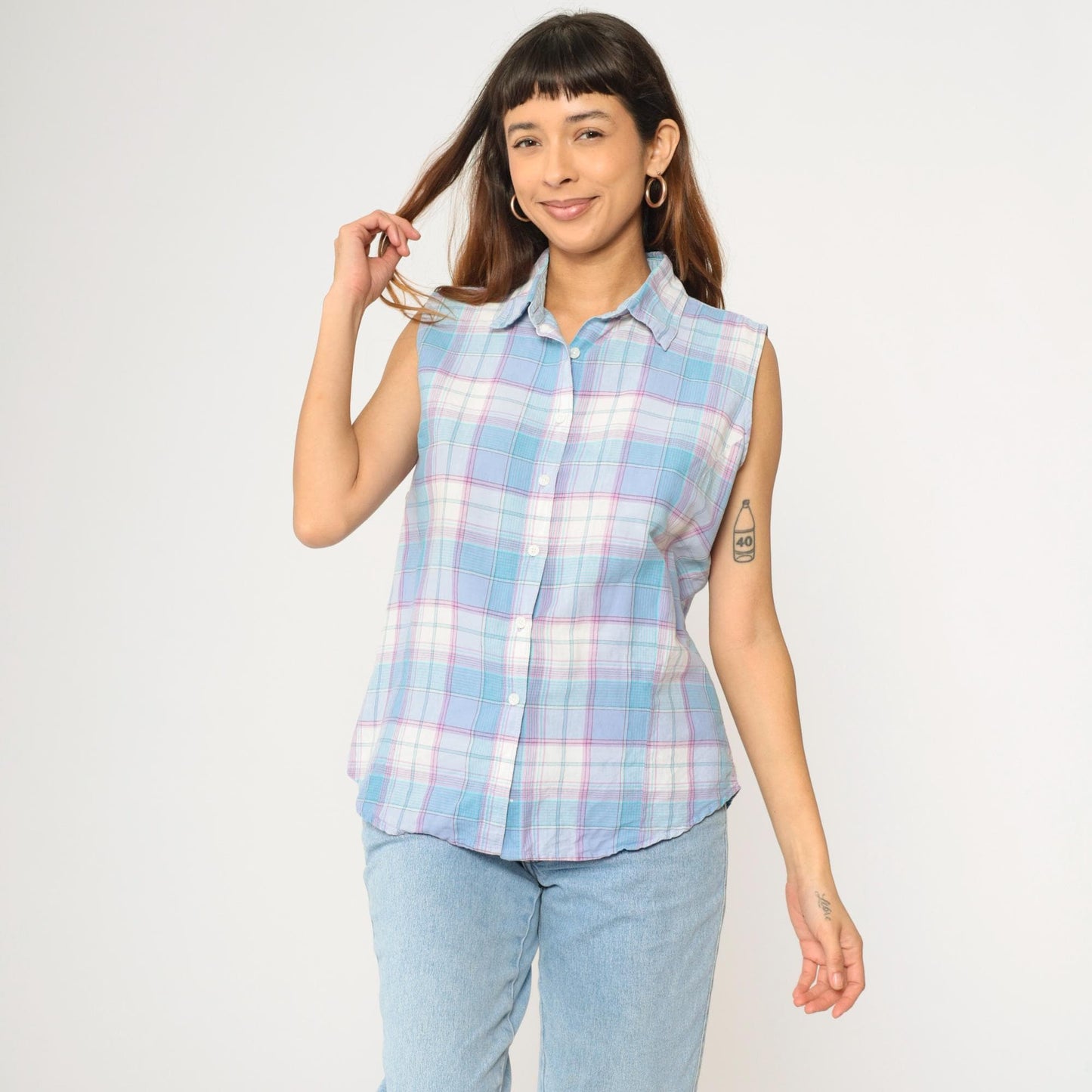 90s Wrangler Blues Plaid Sleeveless Blouse Button-Up Tank Blue White Purple Large L