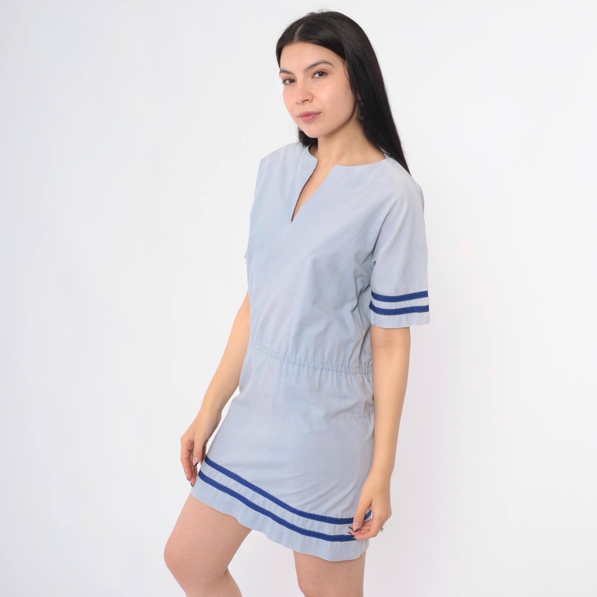 1970s Blue Striped V-Neck Mini Dress High Waist Short Sleeve Small