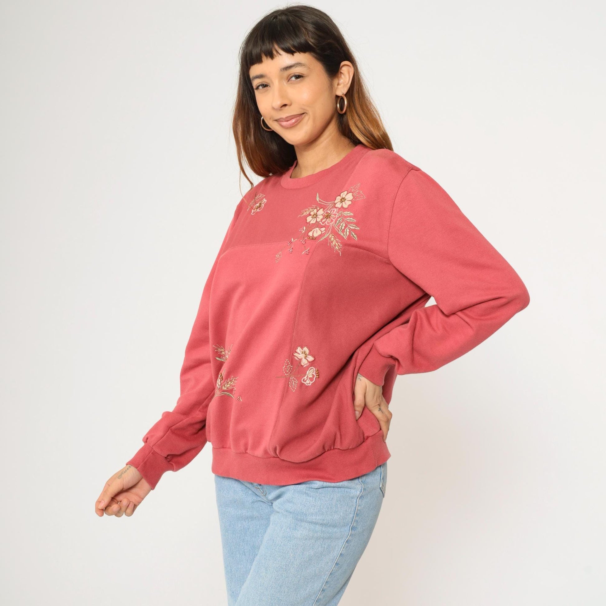 Y2K Alfred Dunner Floral Embroidered Sweatshirt Coral Pink Beaded Crewneck Large L
