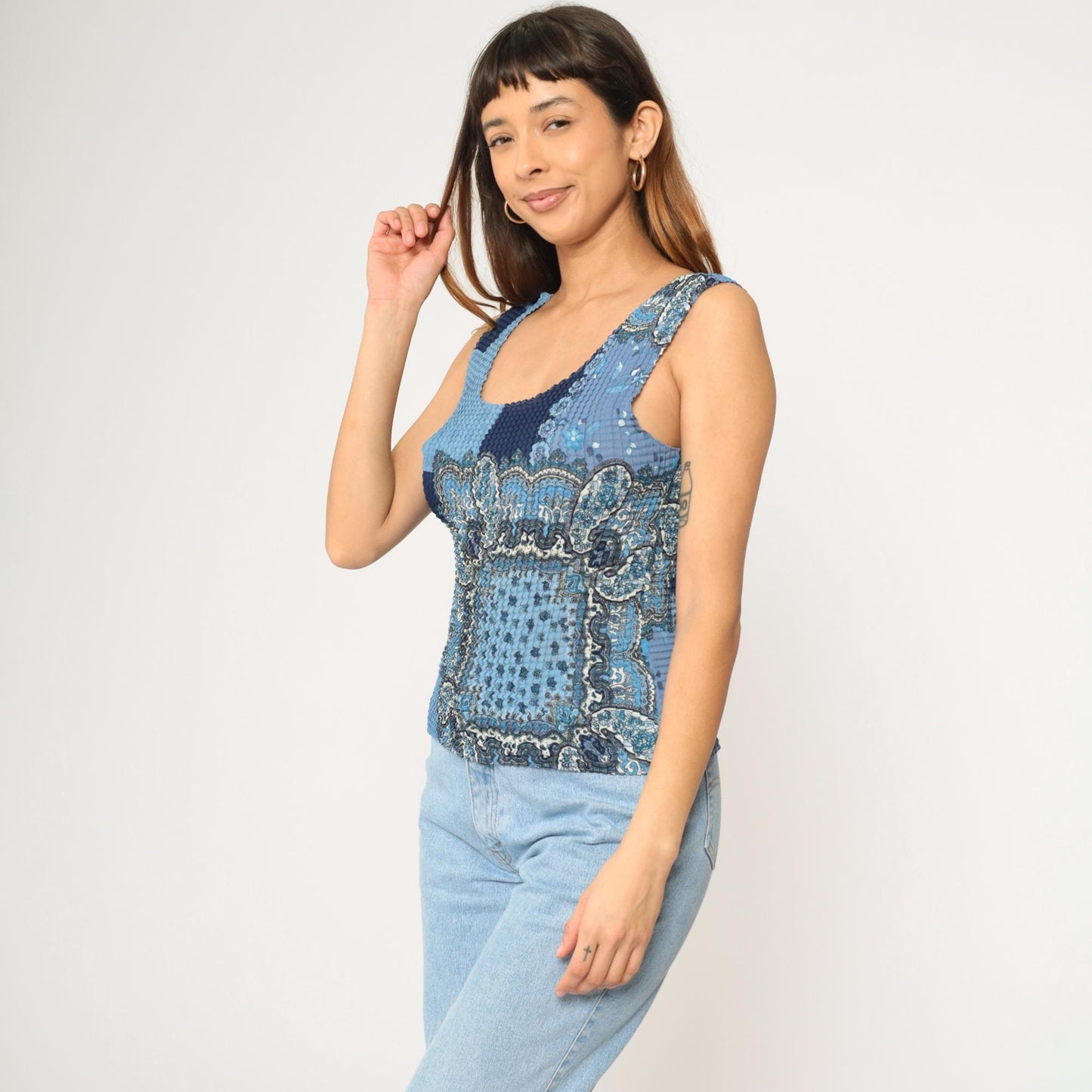 Y2K Paisley Patchwork Tank Top Blue Crinkle Textured Scoop Neck Large L