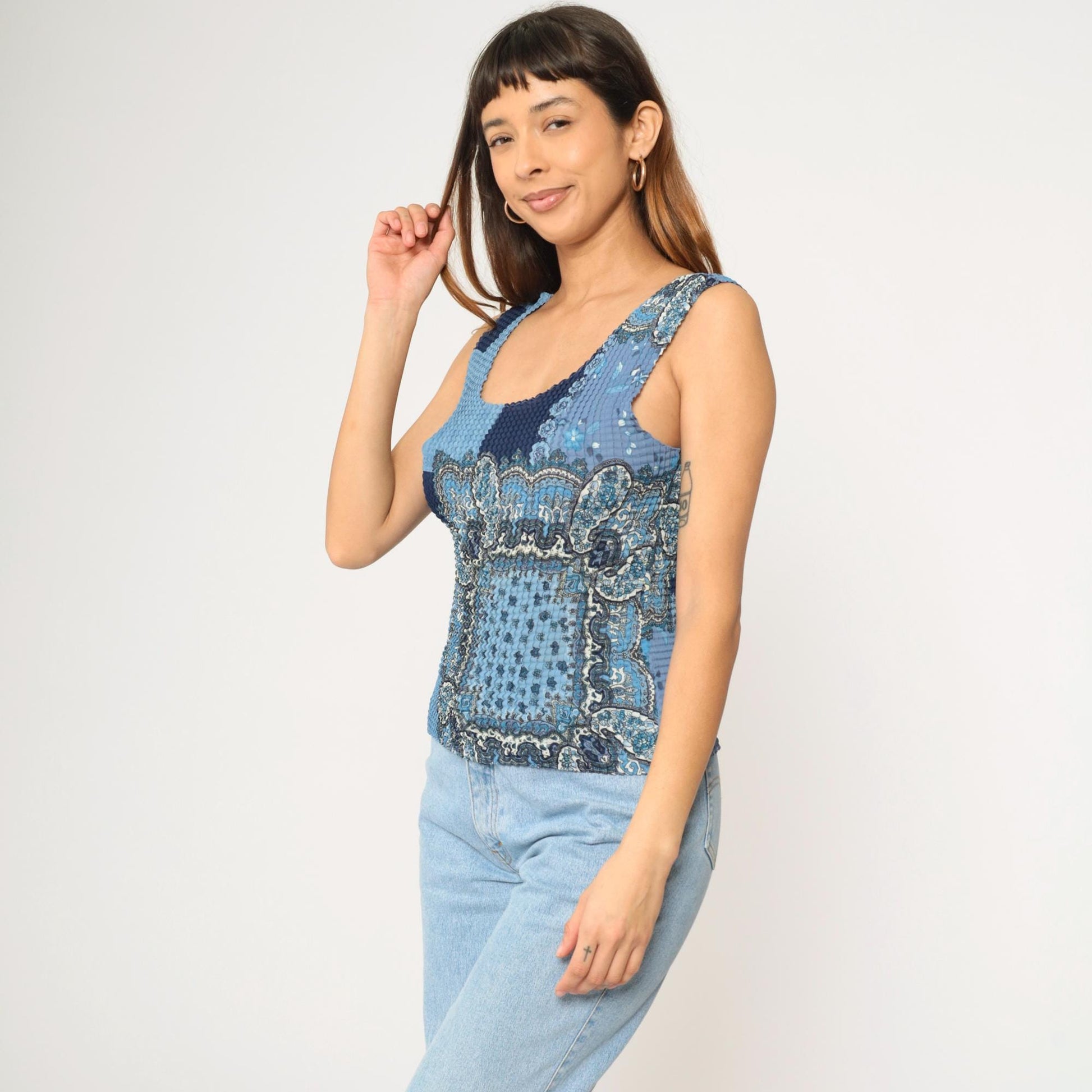 Y2K Paisley Patchwork Tank Top Blue Crinkle Textured Scoop Neck Large L