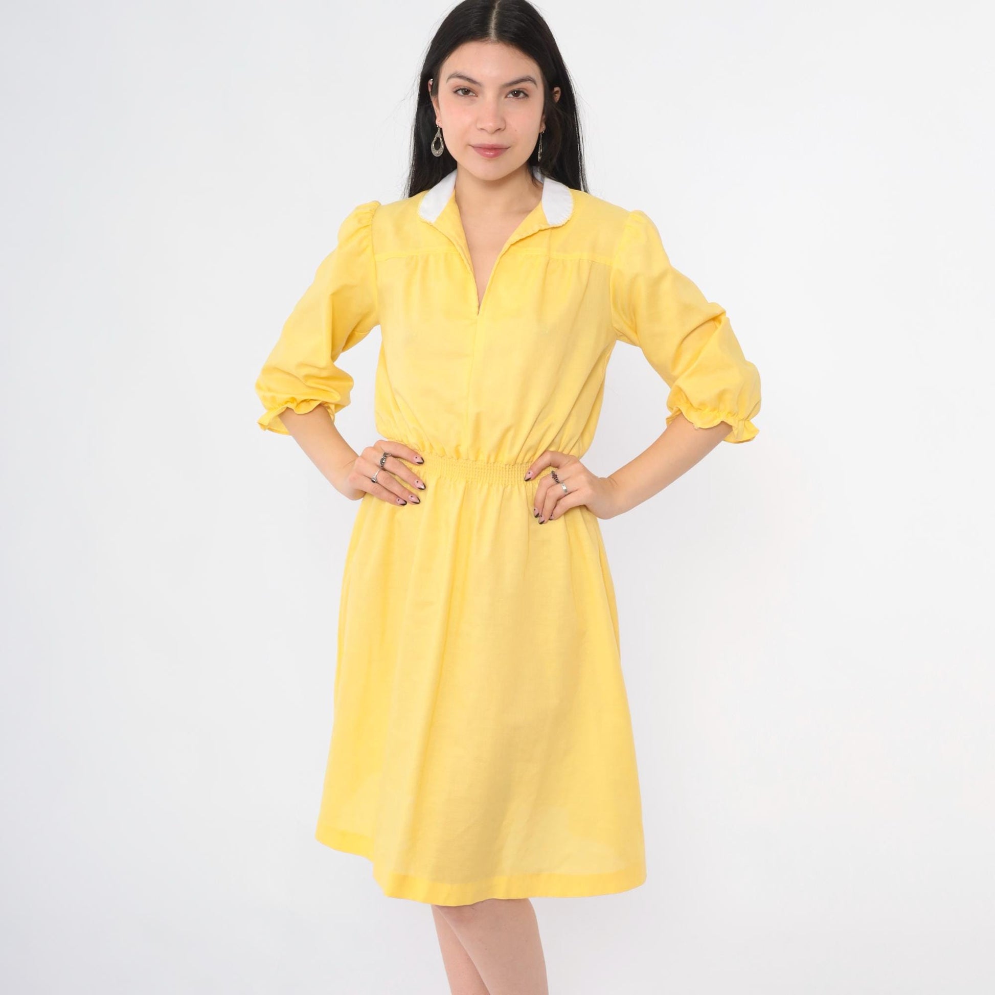 70s Yellow Puff Sleeve Midi Dress White Collar Smocked Waist Small S