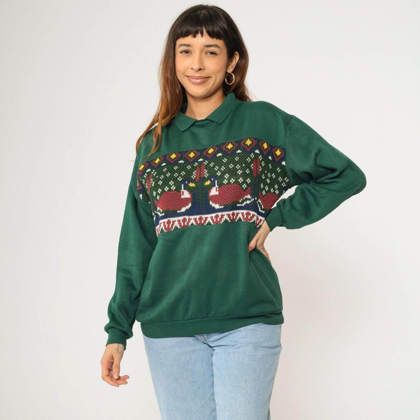 90s Duck Cattails Knit Sweatshirt Dark Green Collared Jumper Small S