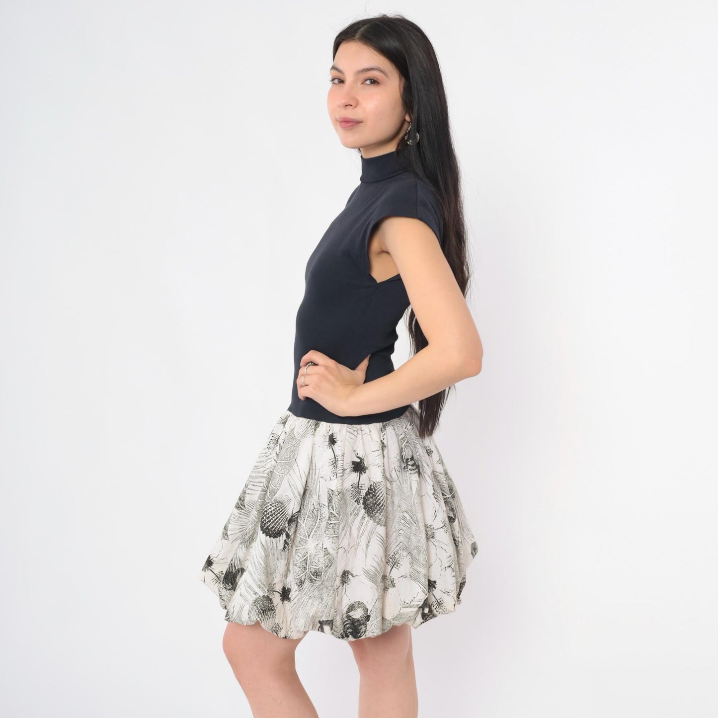 90s All That Jazz Bubble Hem Mini Dress Black White Tropical Print Cap Sleeve Small
