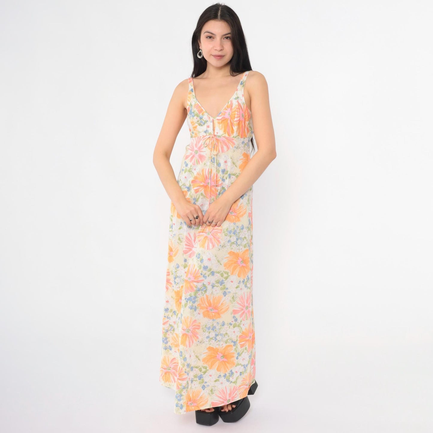 70s Floral Nightgown Maxi Slip Dress White Plunge Neckline Extra Small