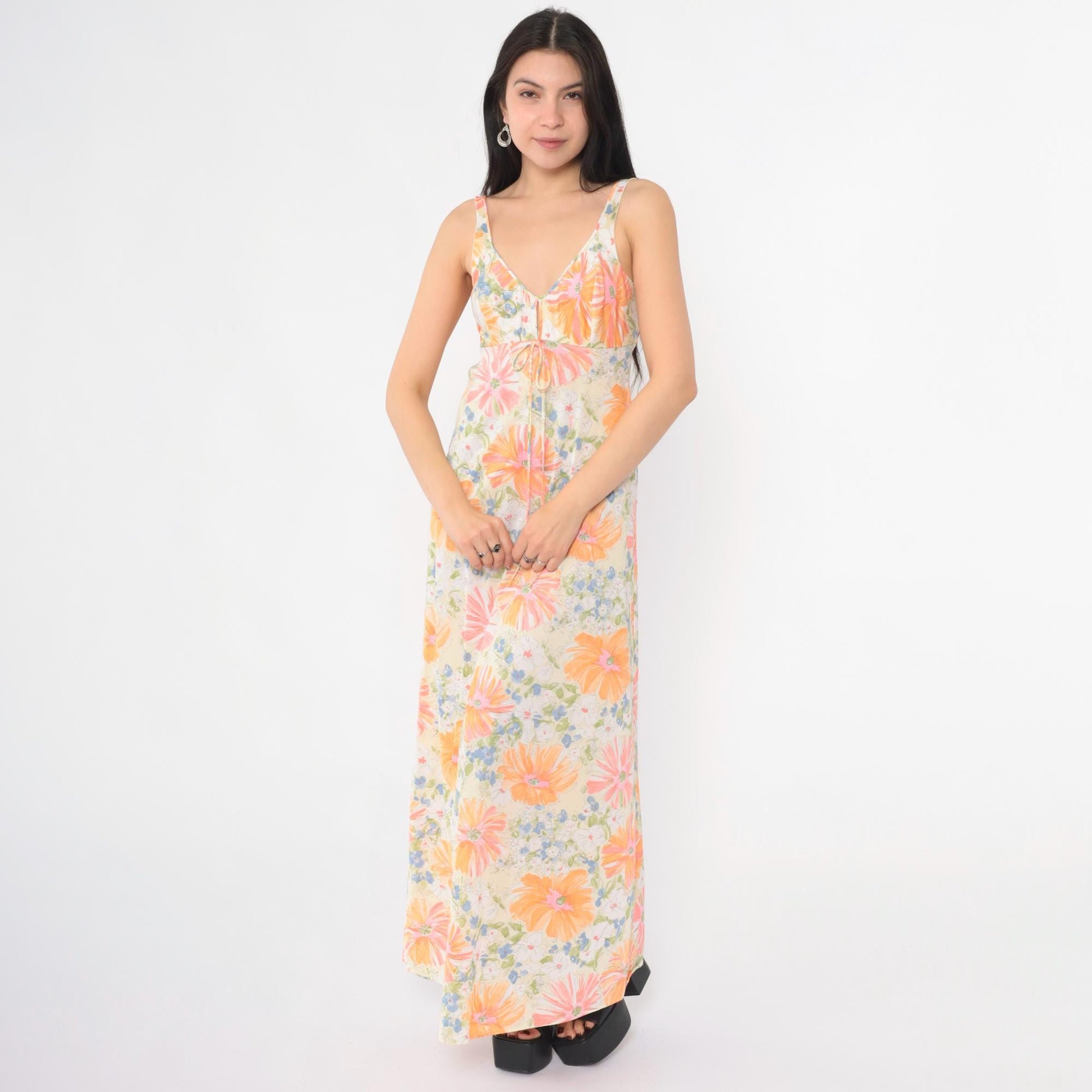 70s Floral Nightgown Maxi Slip Dress White Plunge Neckline Extra Small