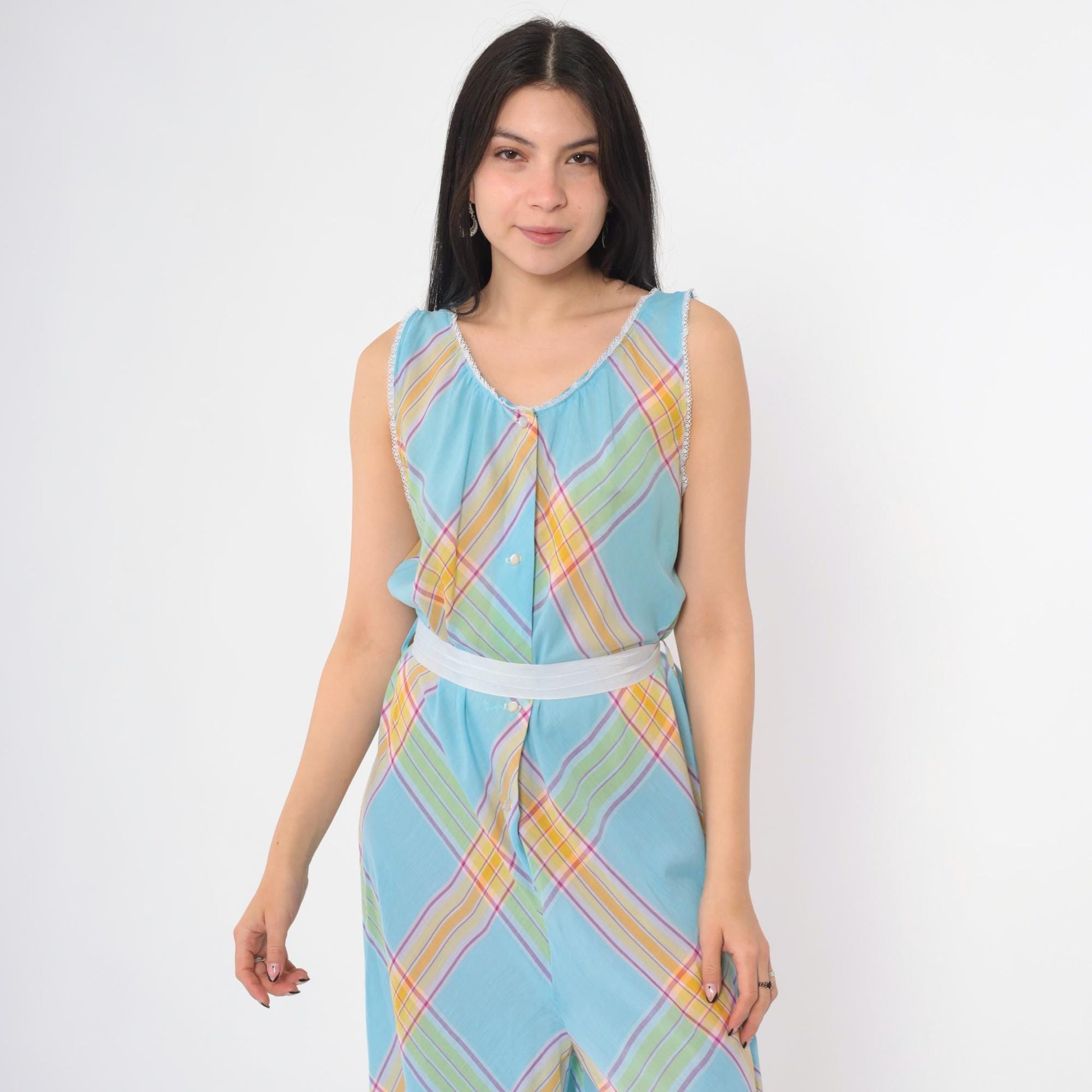 70s Light Blue Plaid Palazzo Jumpsuit Scoop Neck High Waist Medium M