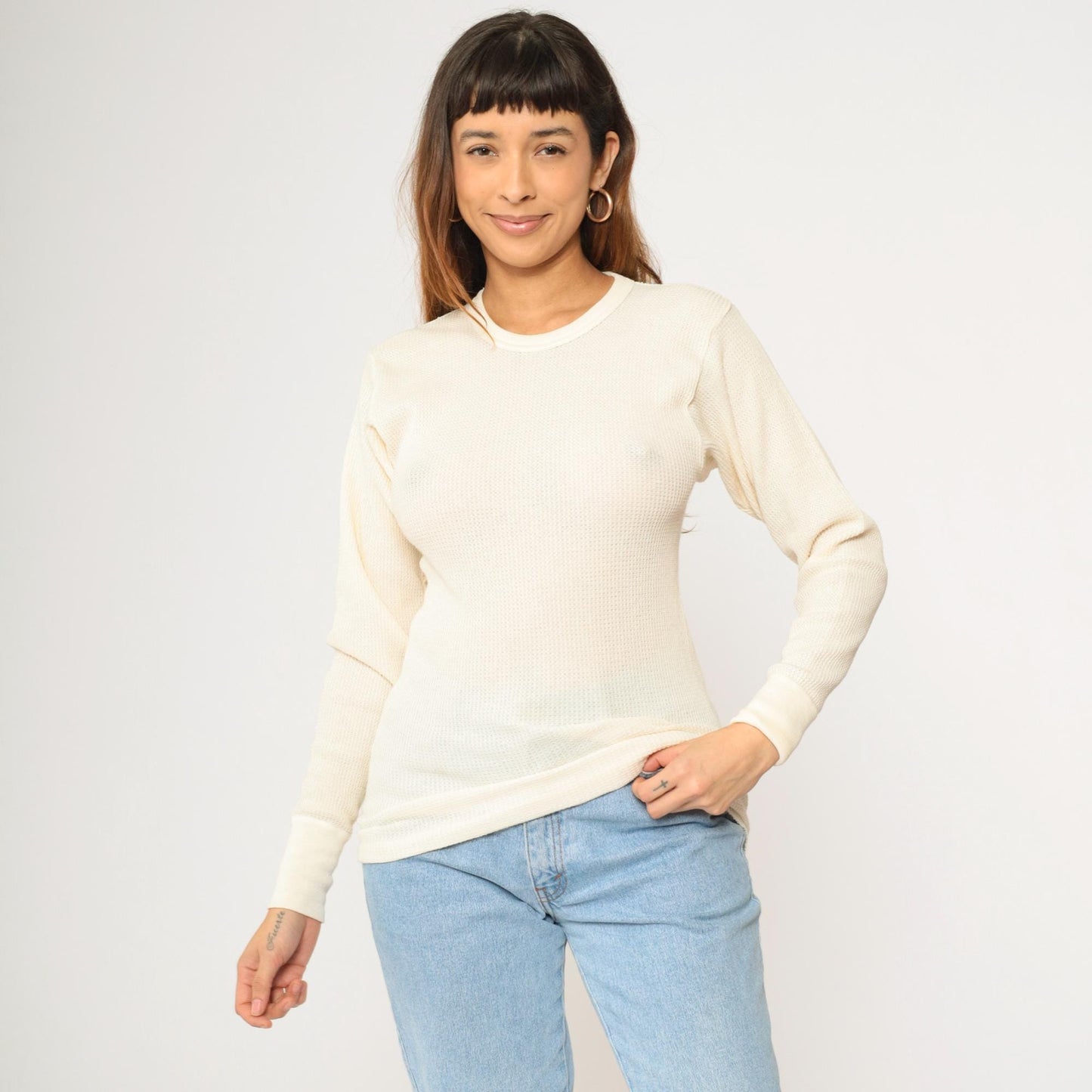 Y2K Hanes Cream Waffle Knit Thermal Long Sleeve Tee Medium M