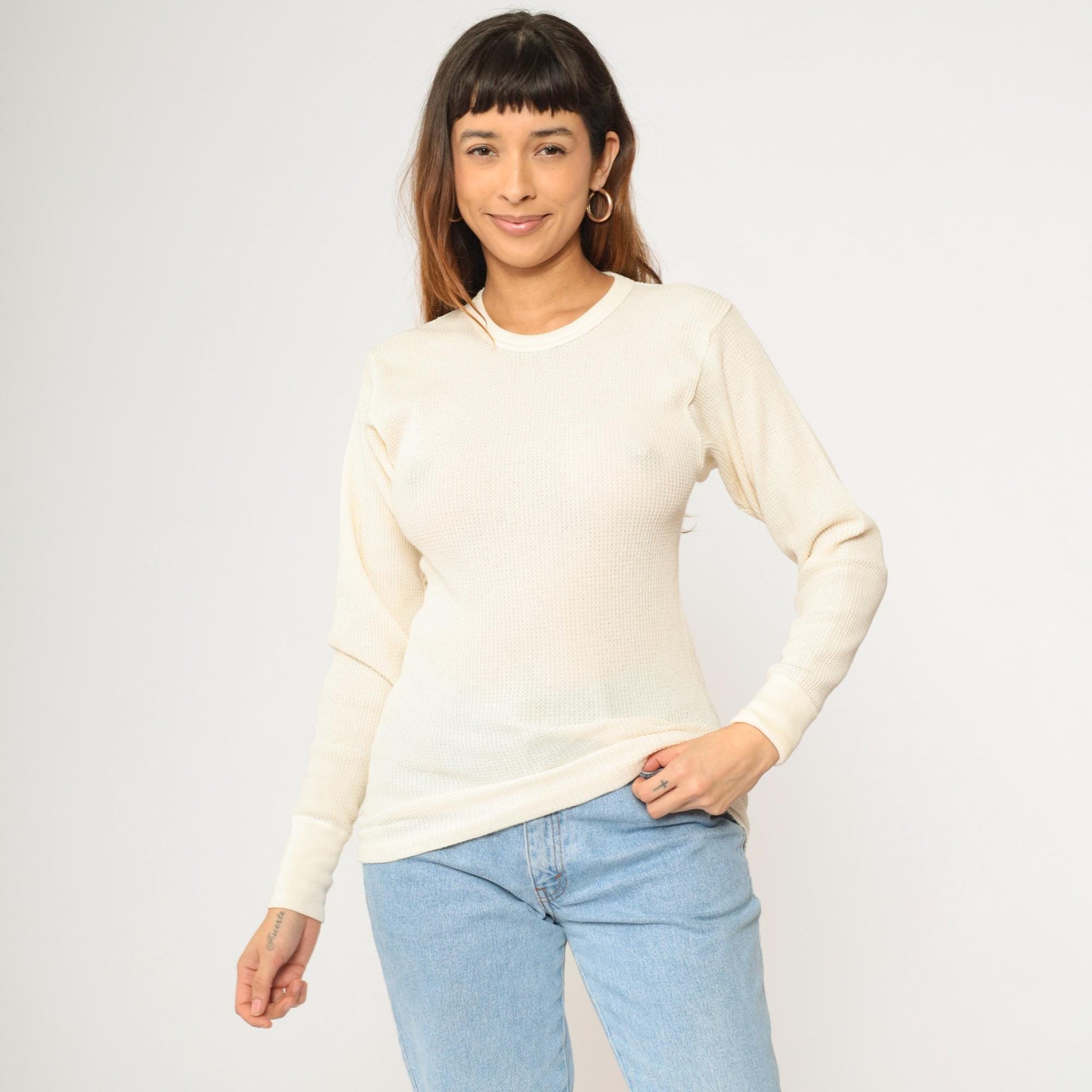 Y2K Hanes Cream Waffle Knit Thermal Long Sleeve Tee Medium M