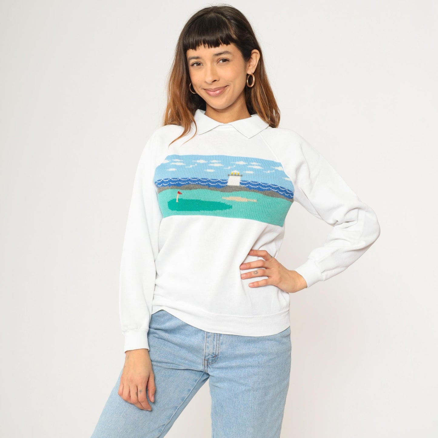 90s Hanes Golf Sweatshirt Lighthouse Scene Knit Panel White Small