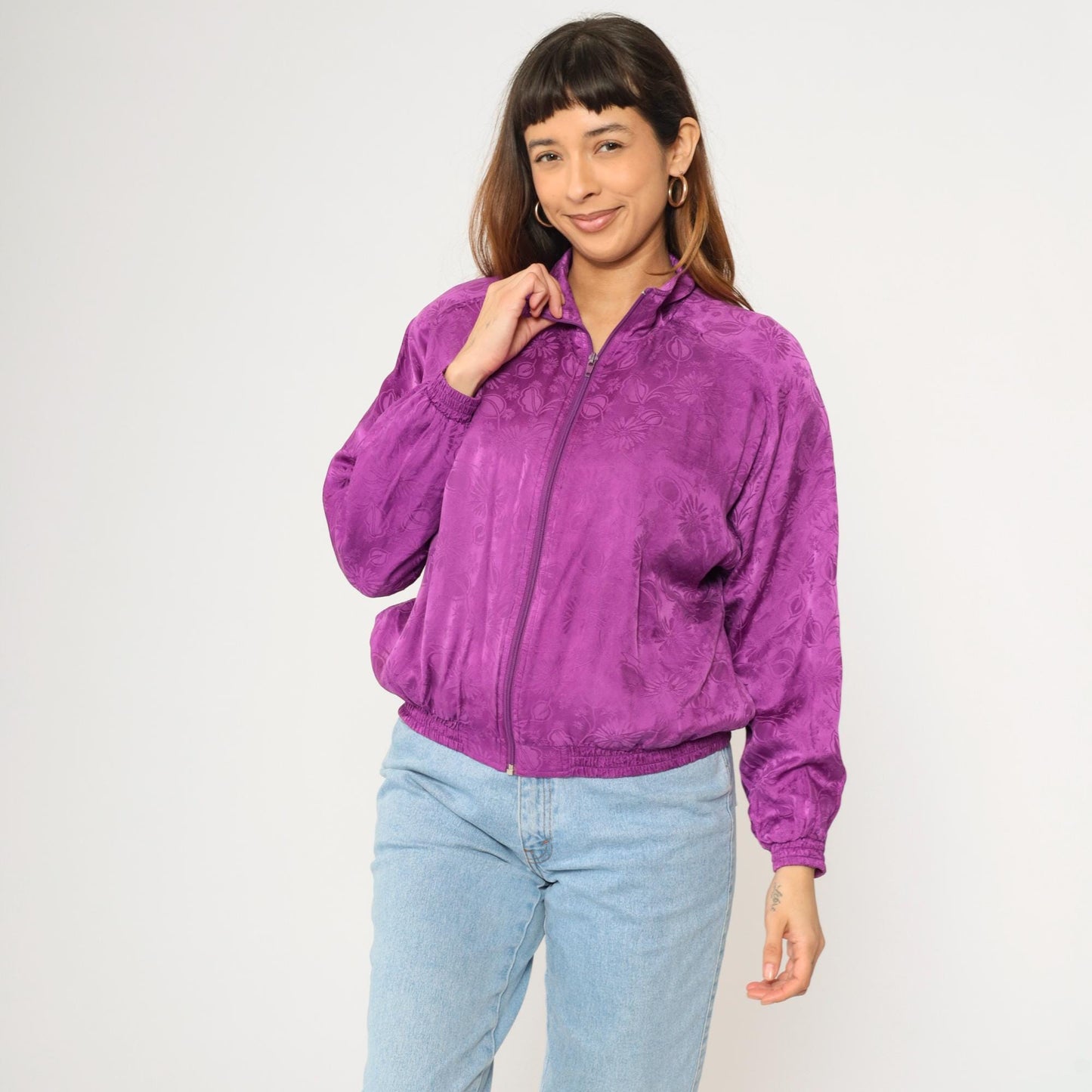 90s Silk Floral Jacquard Windbreaker Purple Zip-Up Raglan Jacket Extra Small