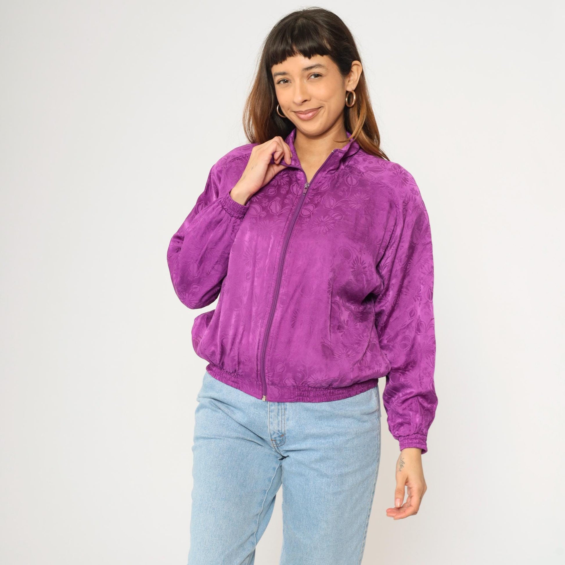 90s Silk Floral Jacquard Windbreaker Purple Zip-Up Raglan Jacket Extra Small