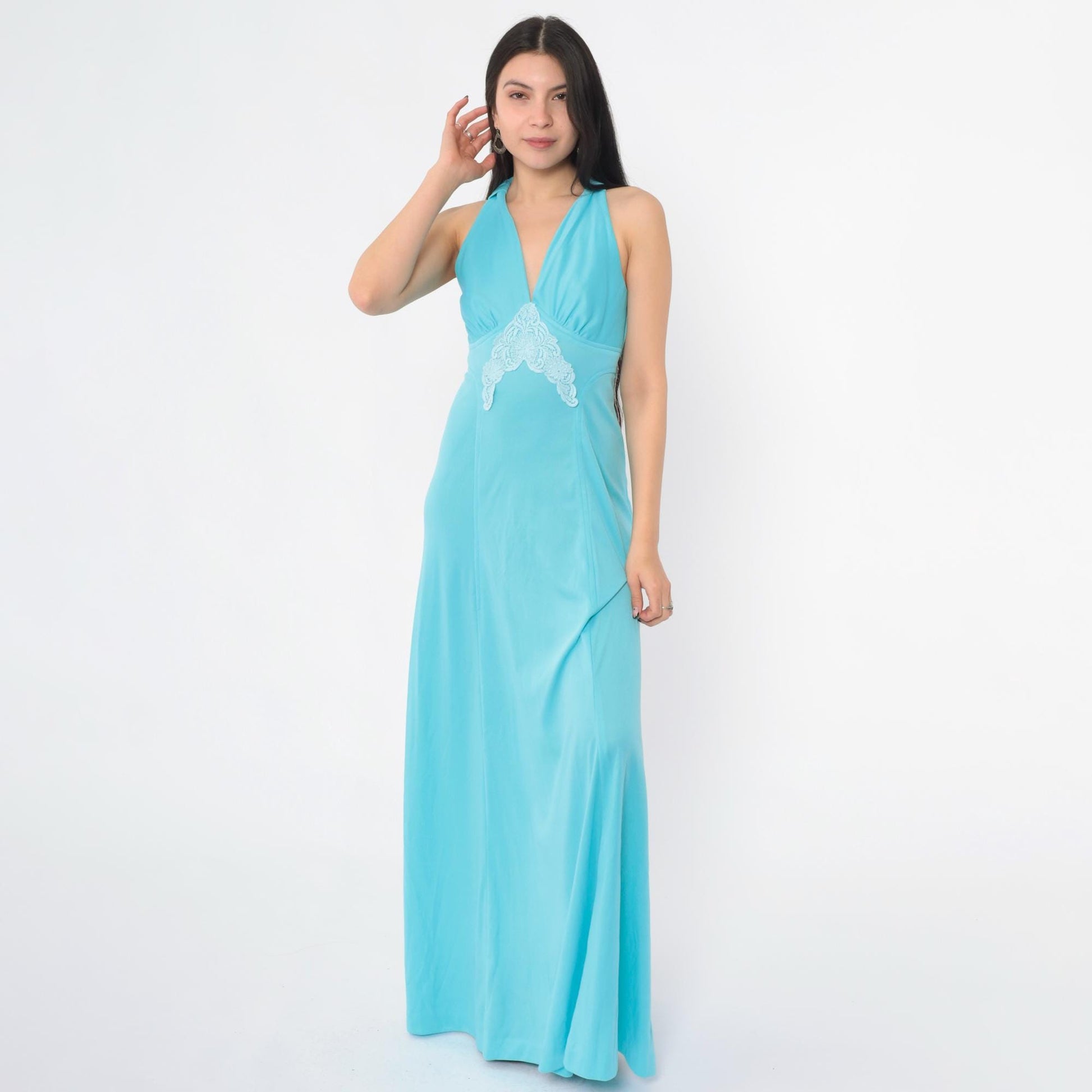 70s Blue Lace Empire Waist Maxi Dress V-Neck Sleeveless Racerback Small
