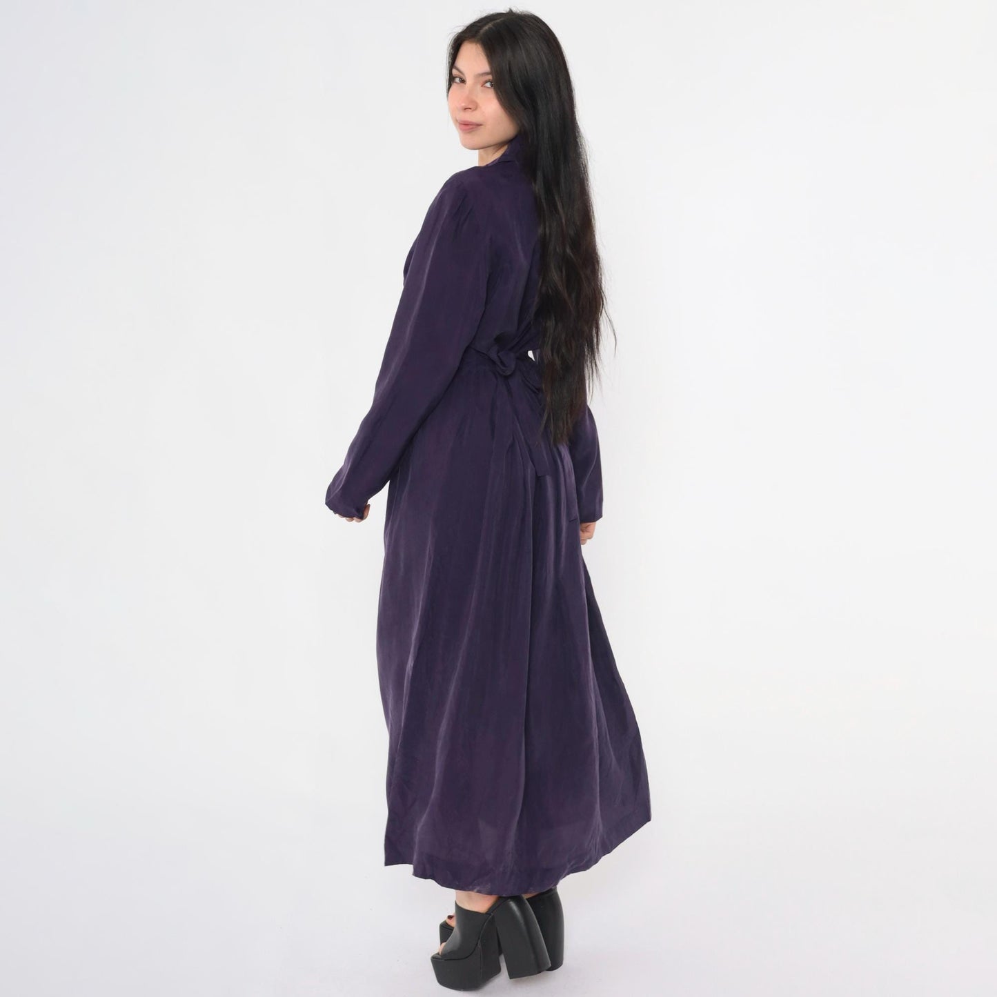 90s Coldwater Creek Purple Maxi Shirtdress Pintuck Collar Long Sleeve Medium M