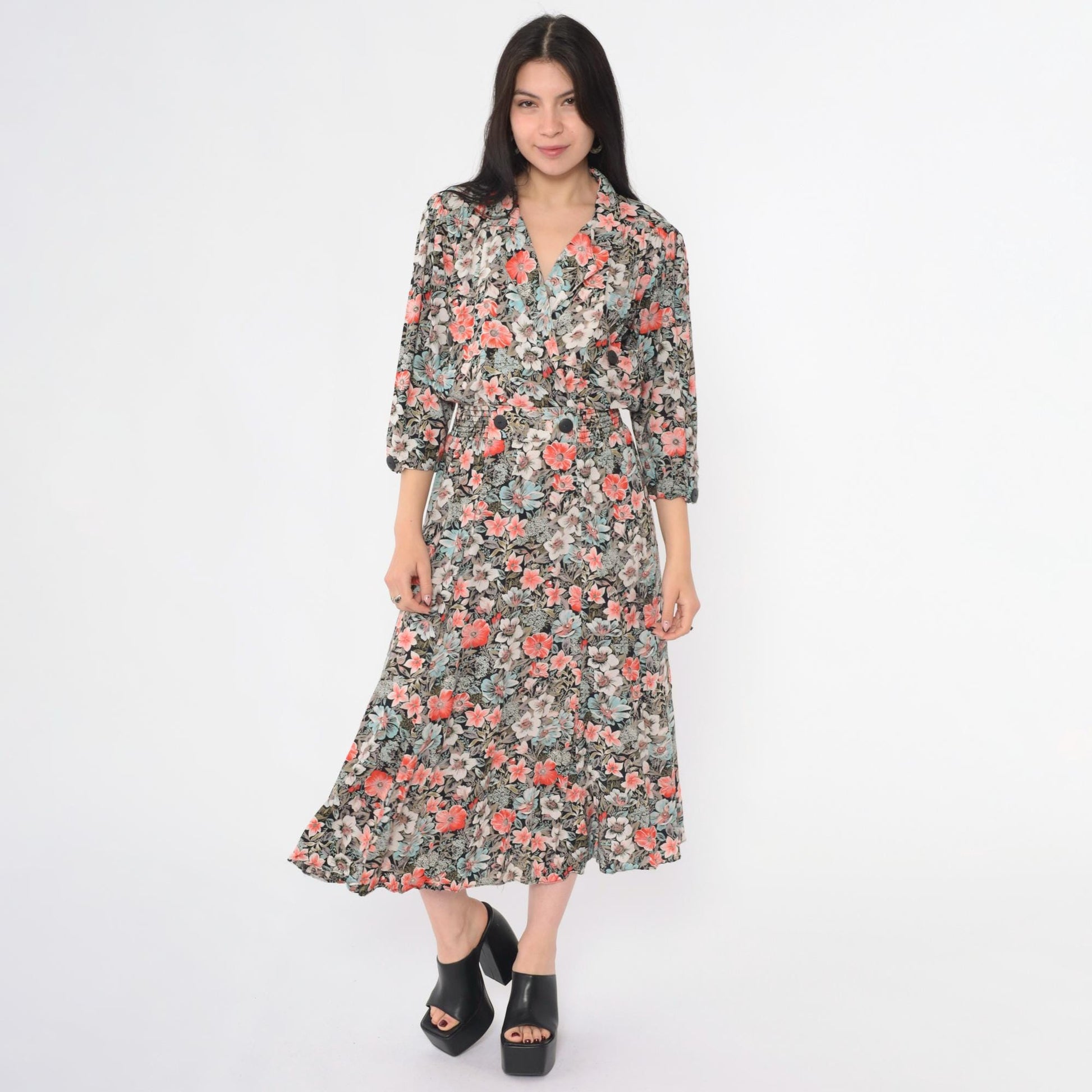 80s John Richard Floral Midi Dress Puff Sleeve V-Neck Elastic Waist Medium