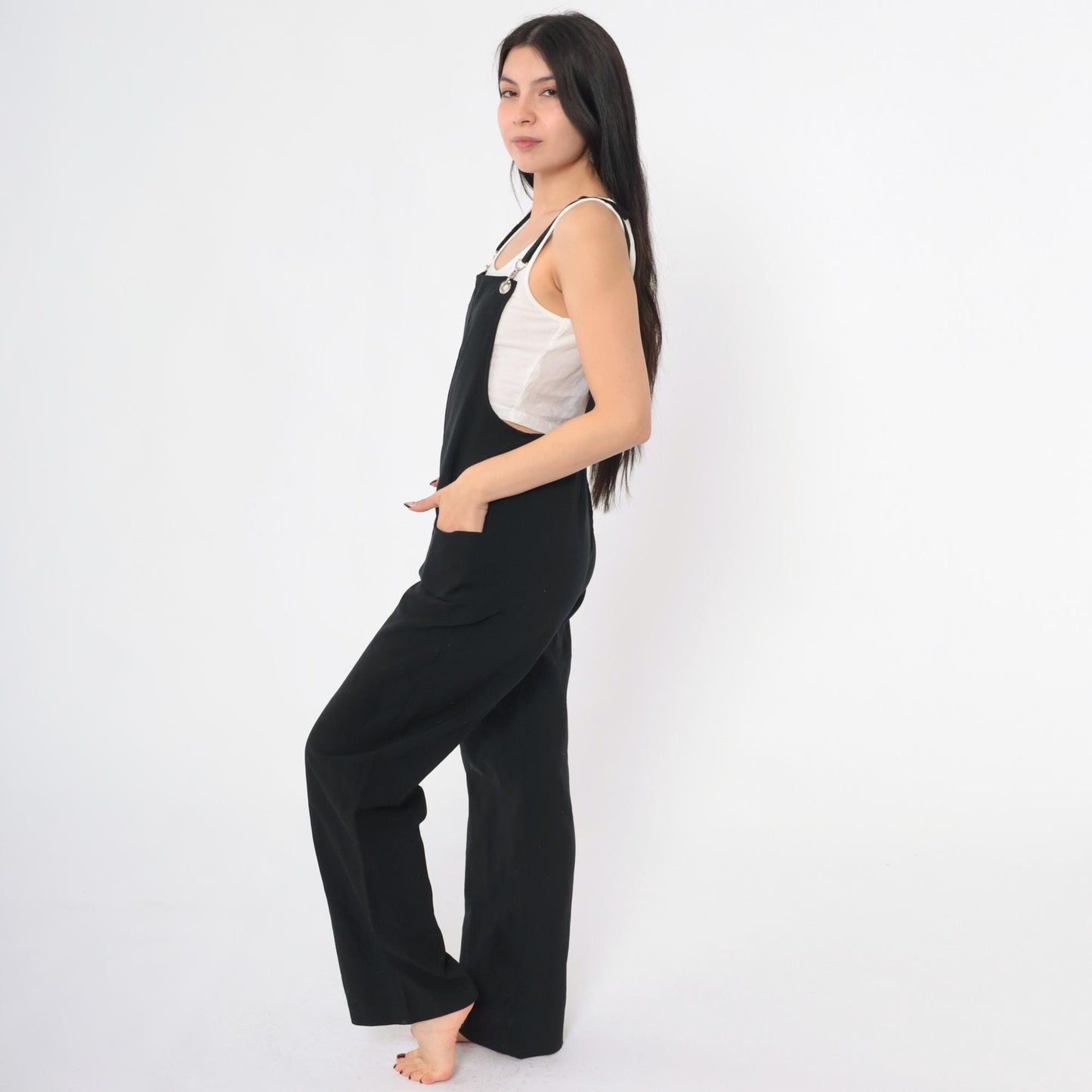 90s Black Overall Jumpsuit Open Back Bib Front Suspender Small S