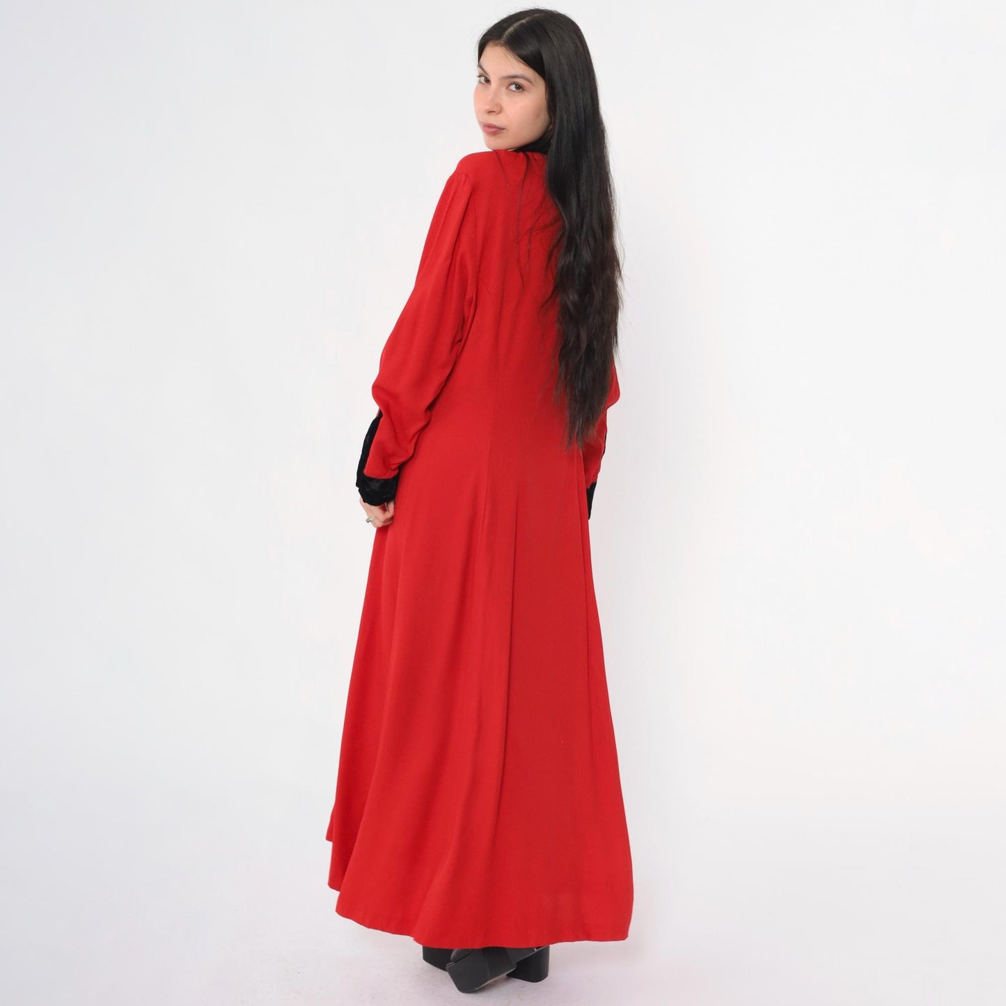 90s Panache Red Velvet Maxi Dress Button-Up Keyhole Mandarin Collar Large