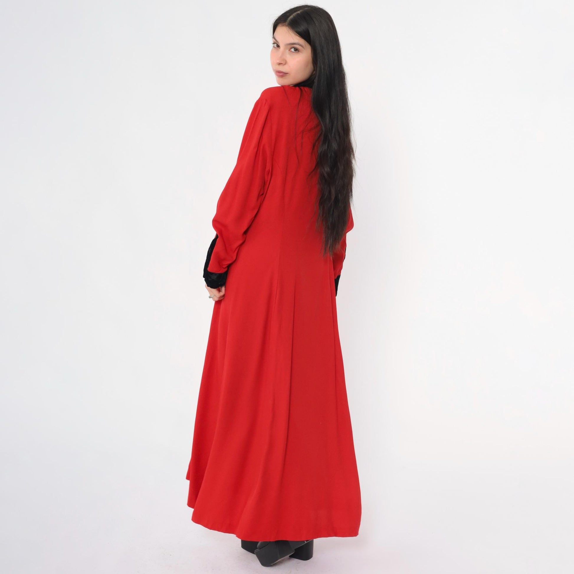 90s Panache Red Velvet Maxi Dress Button-Up Keyhole Mandarin Collar Large