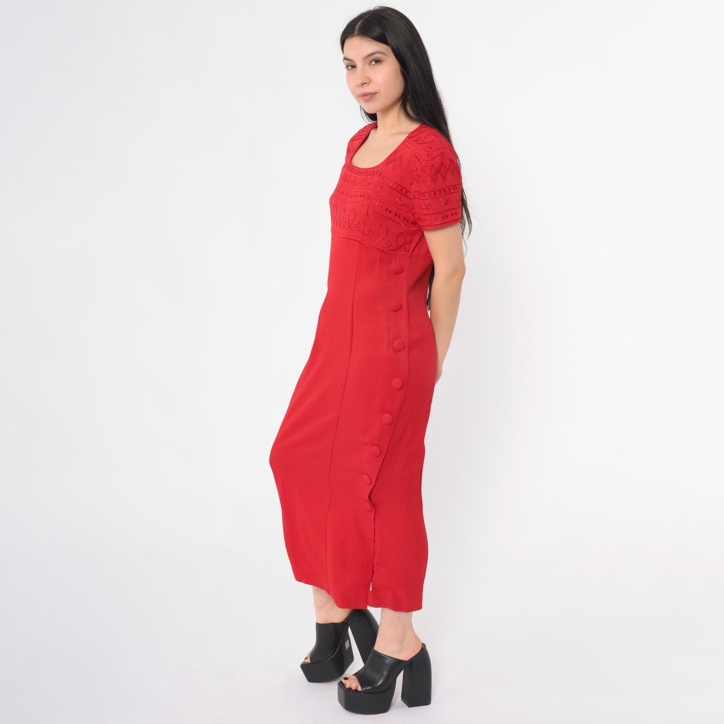 90s Jessica Howard Red Geometric Embroidered Midi Dress Empire Waist Small