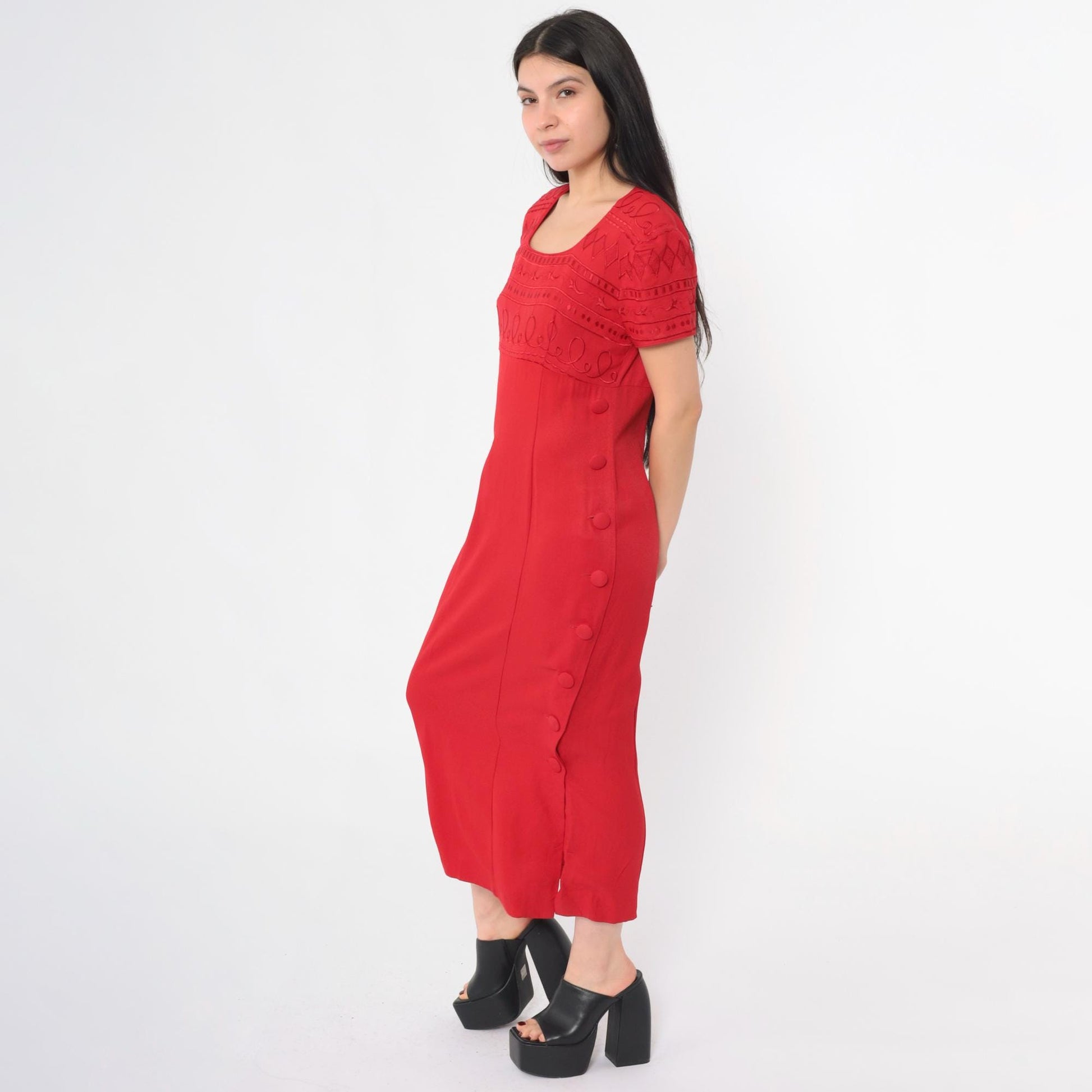 90s Jessica Howard Red Geometric Embroidered Midi Dress Empire Waist Small