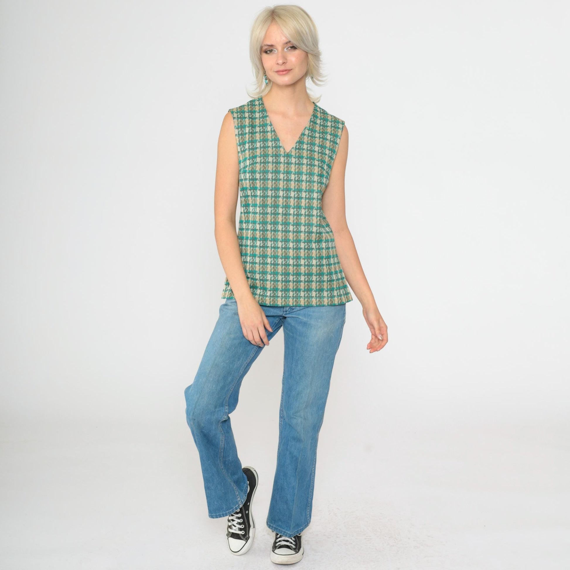 70s Plaid Tank Top Turquoise V-Neck Sleeveless Checkered Shirt Small