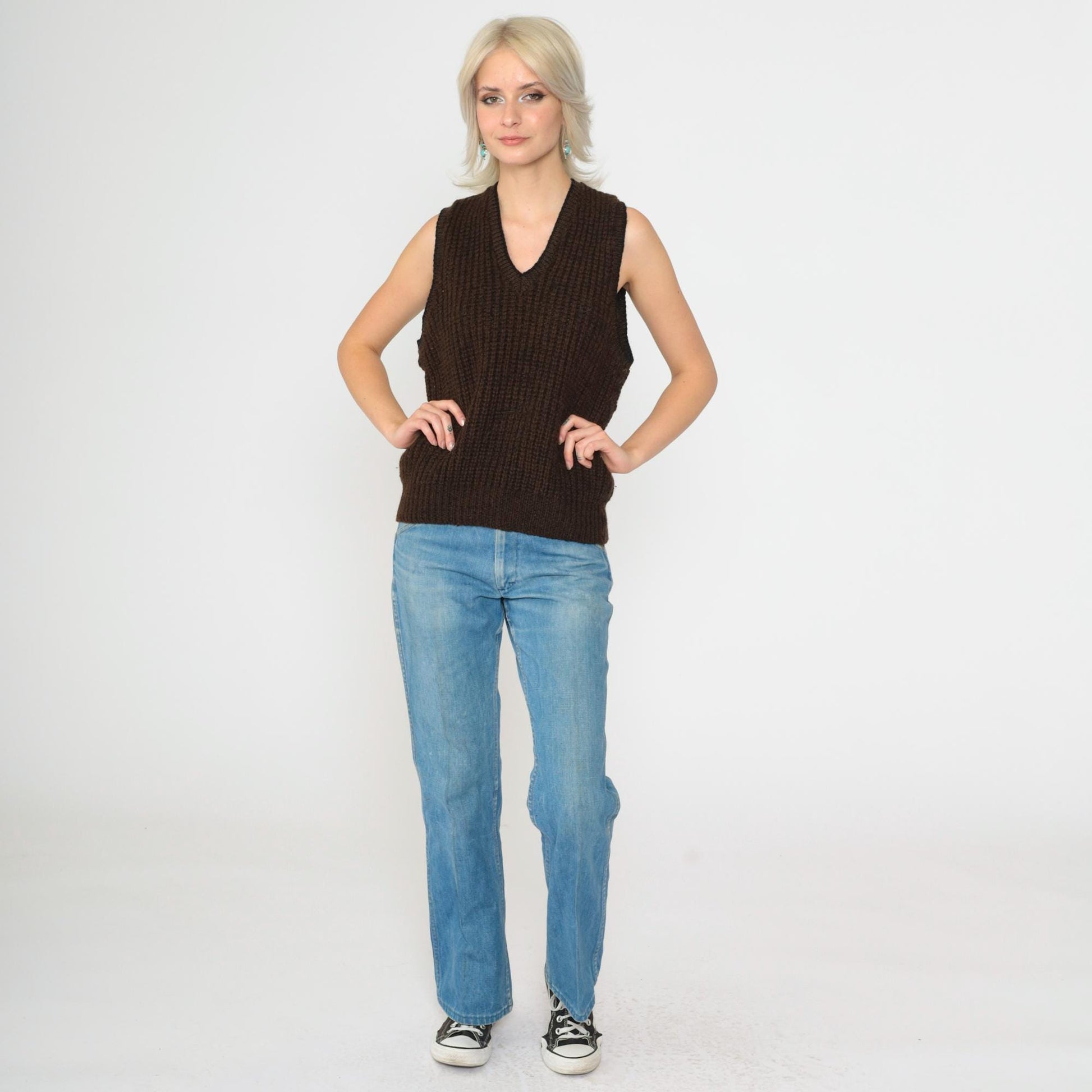 80s Broadway Wool Sweater Vest Brown Ribbed V-Neck Knit Small