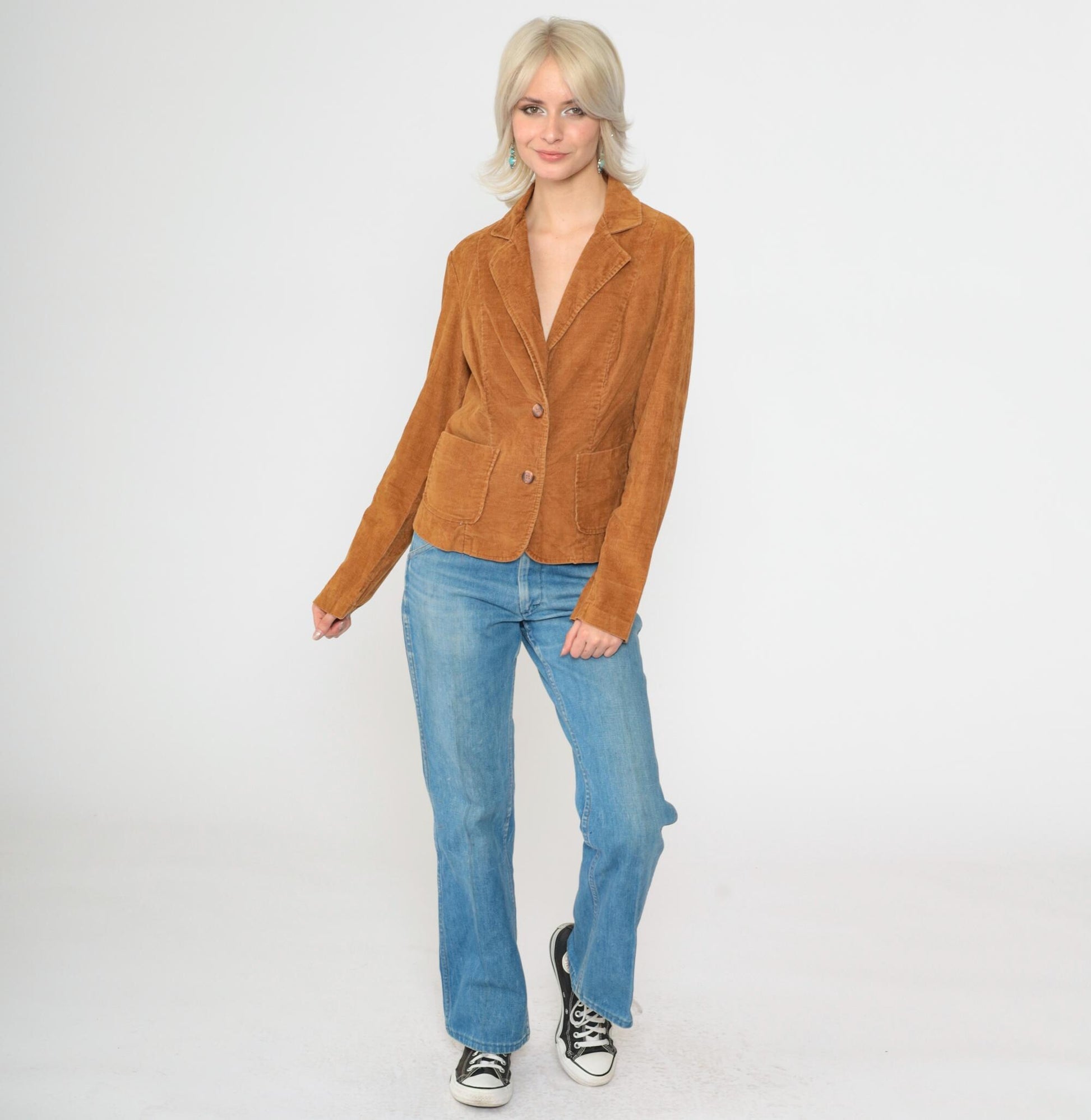 Late 70s Early 80s Brown Corduroy Blazer Notched Lapel Fitted Small S