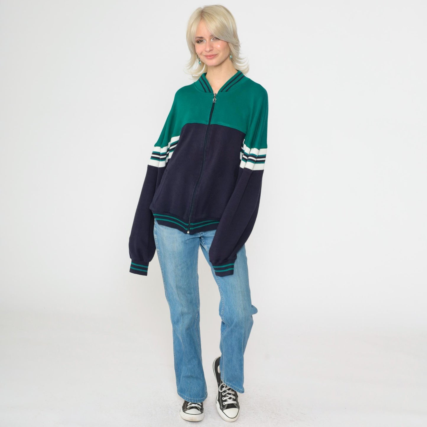 80s Pierre Cardin Track Jacket Green Navy Color Block Striped Large L