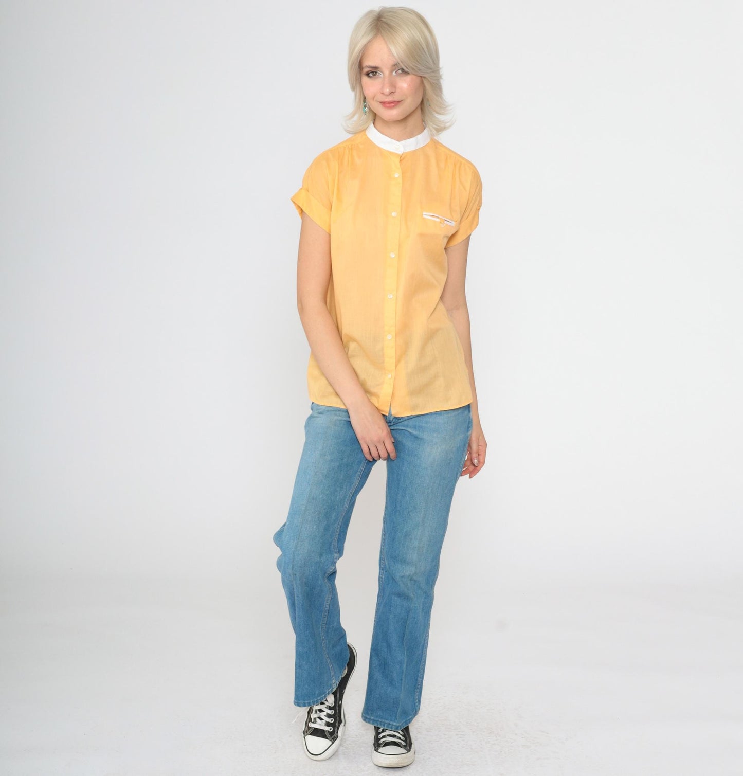 80s Laura Mae Light Orange Mandarin Collar Button-Up Blouse Short Sleeve Small