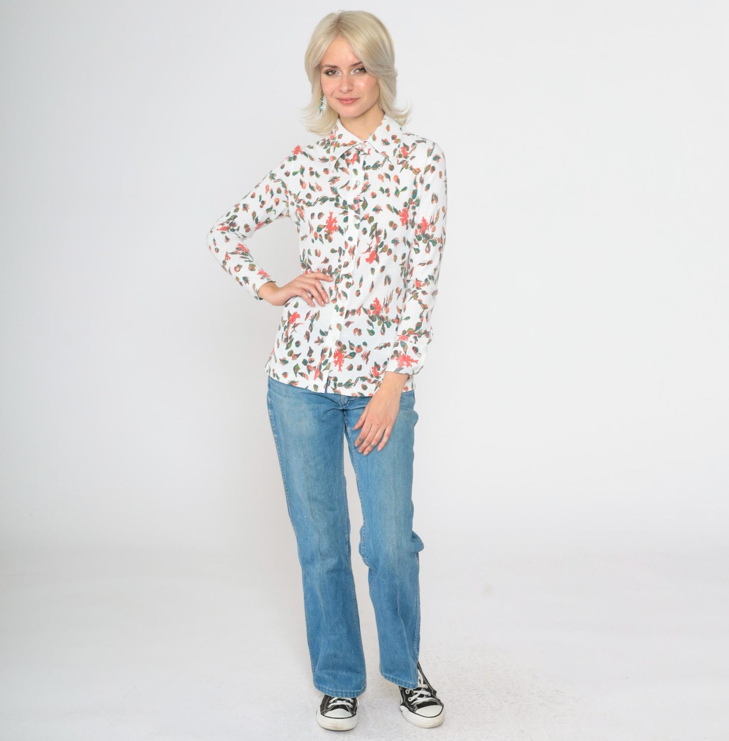 70s Seashell Print Button-Up Blouse White Novelty Shirt Long Sleeve Small