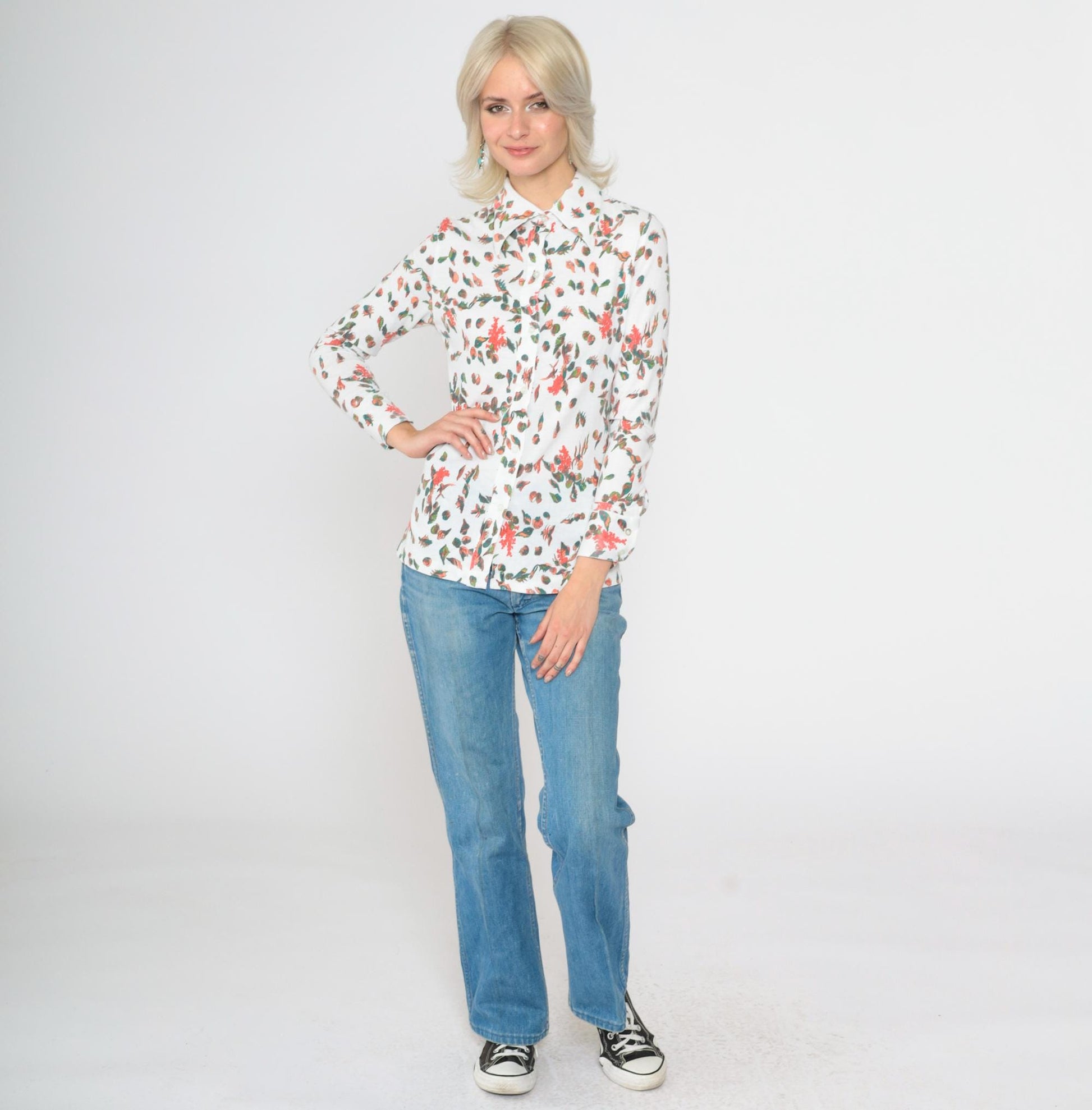 70s Seashell Print Button-Up Blouse White Novelty Shirt Long Sleeve Small