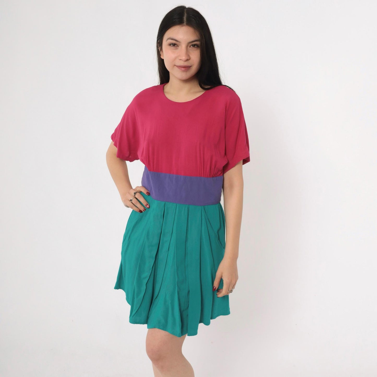 80s Steven Michaels Color Block Mini Dress Fuchsia Teal Purple High Waist Medium