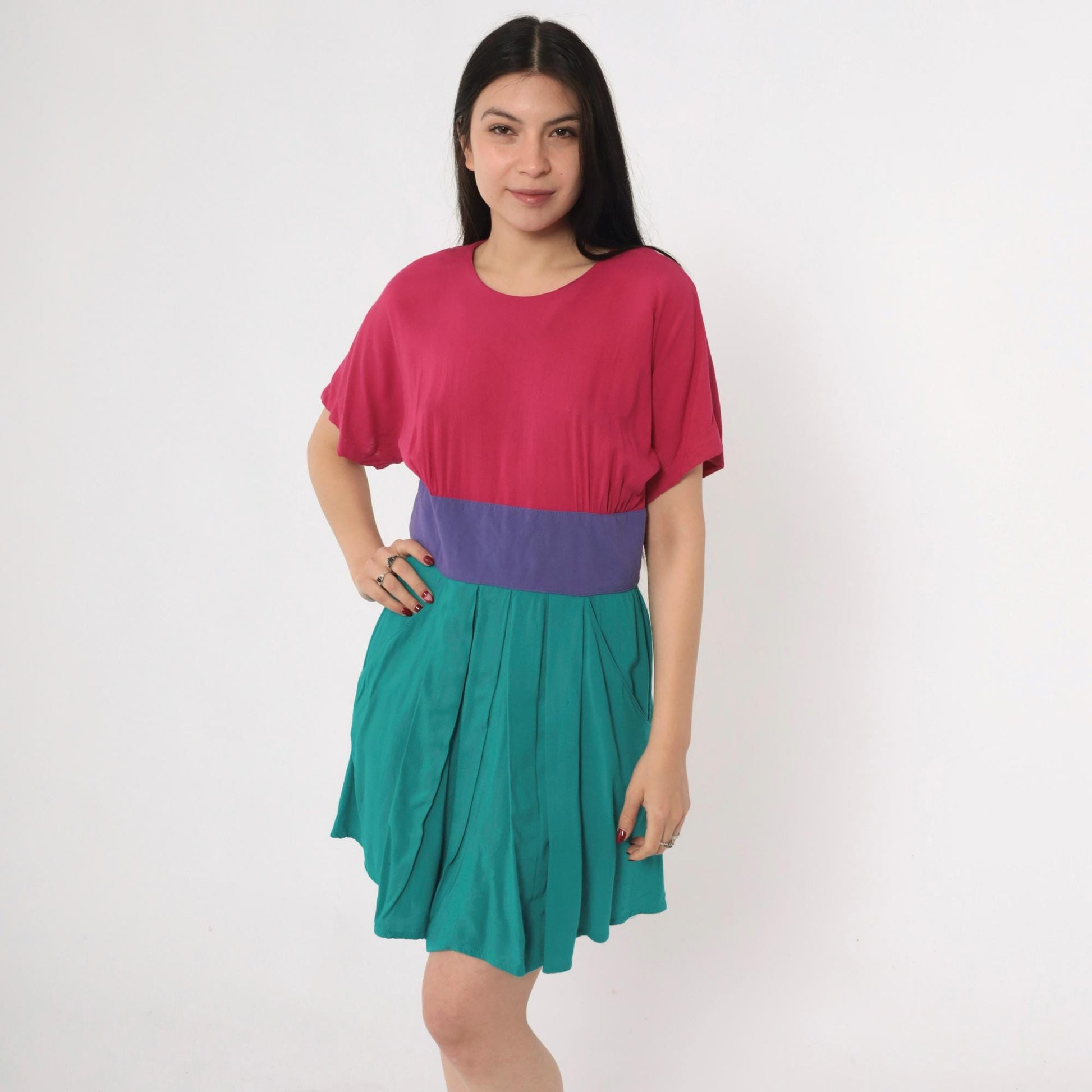 80s Steven Michaels Color Block Mini Dress Fuchsia Teal Purple High Waist Medium