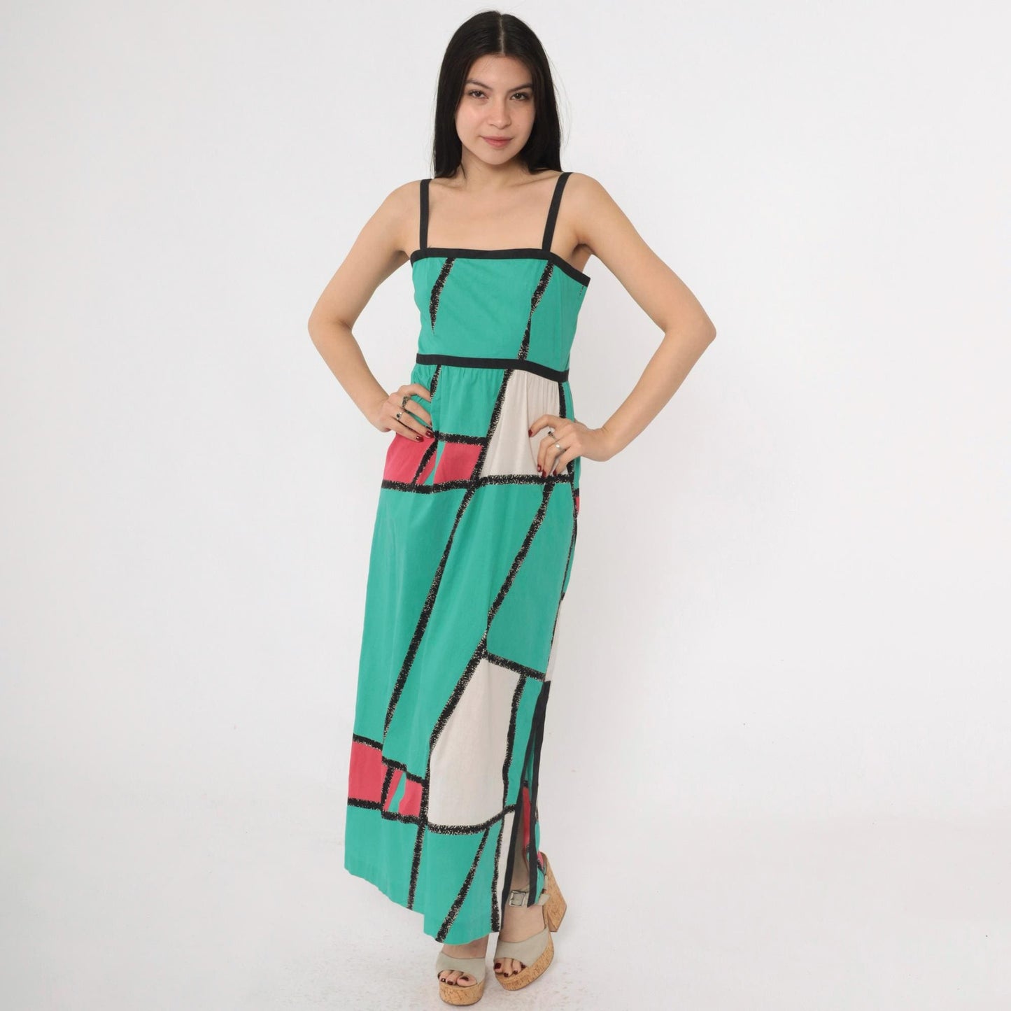 80s Teal Fuchsia Colorblock Maxi Sundress Spaghetti Strap High Waist Extra Small