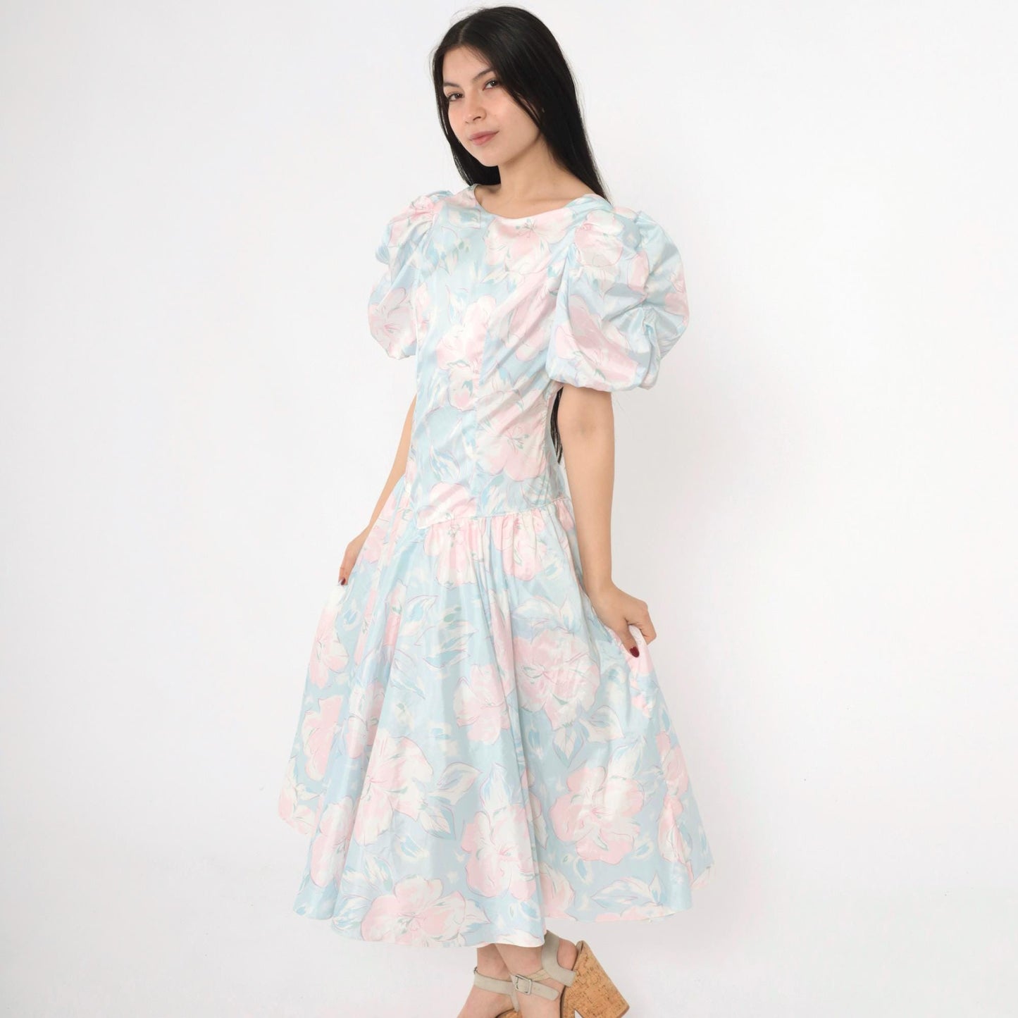 80s Pastel Floral Midi Dress Puff Sleeve Basque Waist Blue Pink Small