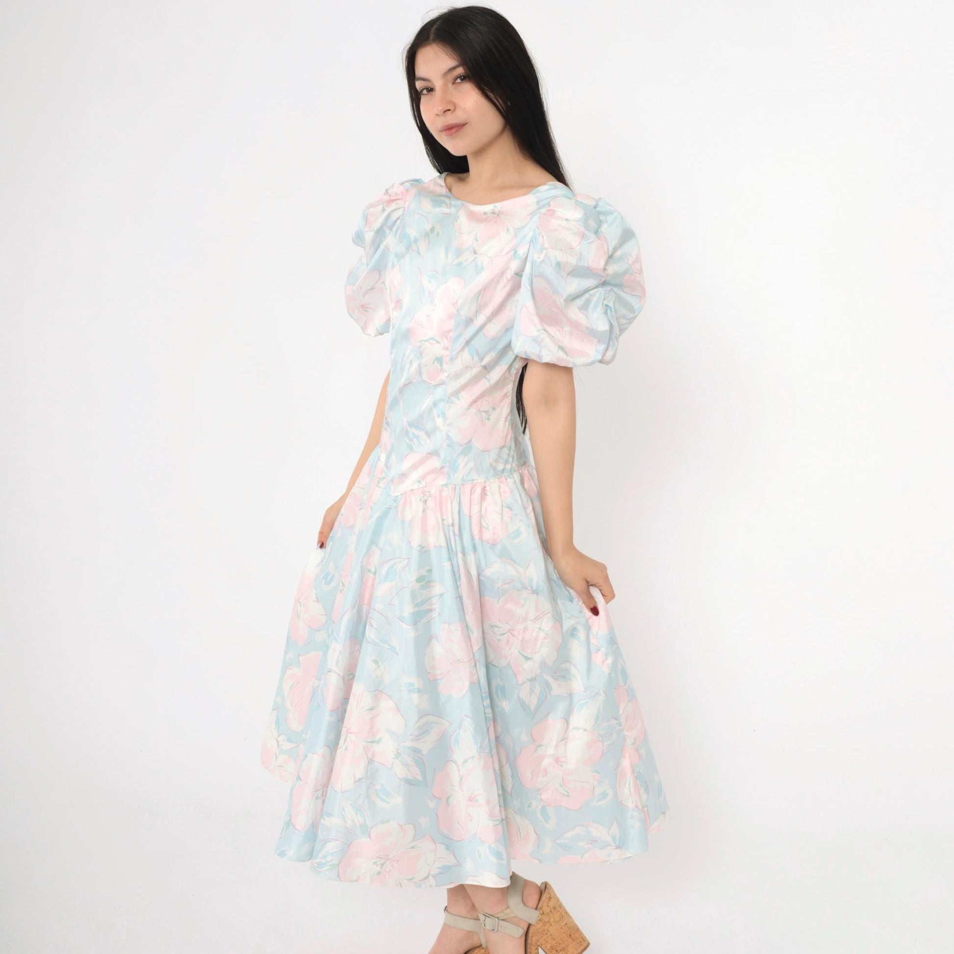 80s Pastel Floral Midi Dress Puff Sleeve Basque Waist Blue Pink Small