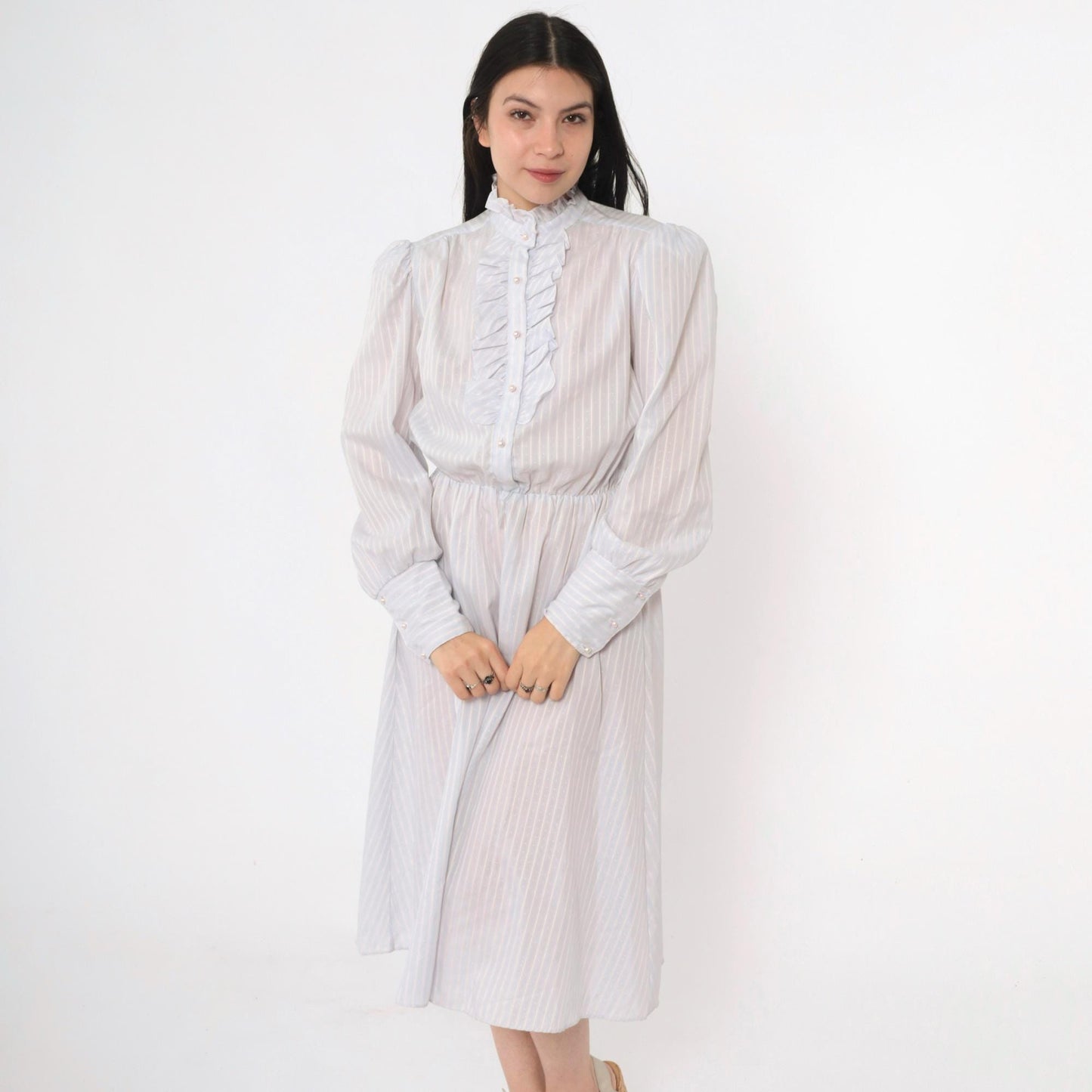 80s Striped Puff Sleeve Midi Dress Grey-Blue Pink White High Waisted Small