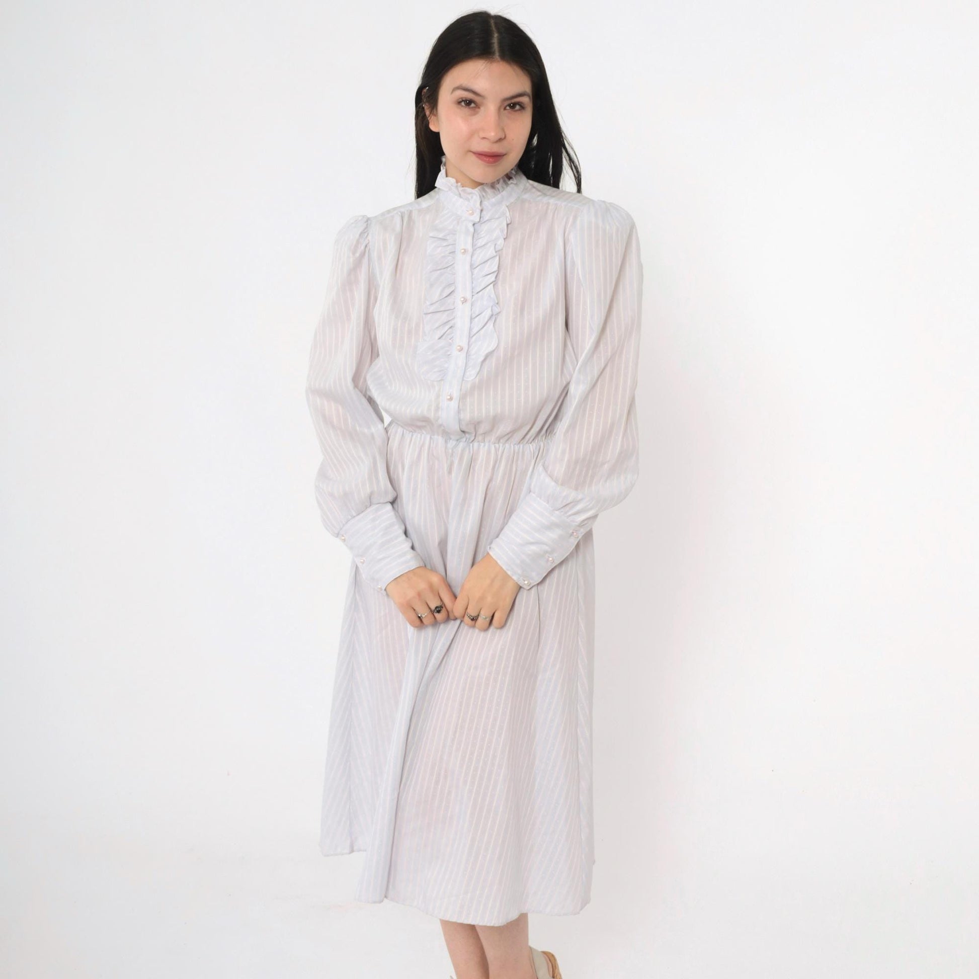80s Striped Puff Sleeve Midi Dress Grey-Blue Pink White High Waisted Small