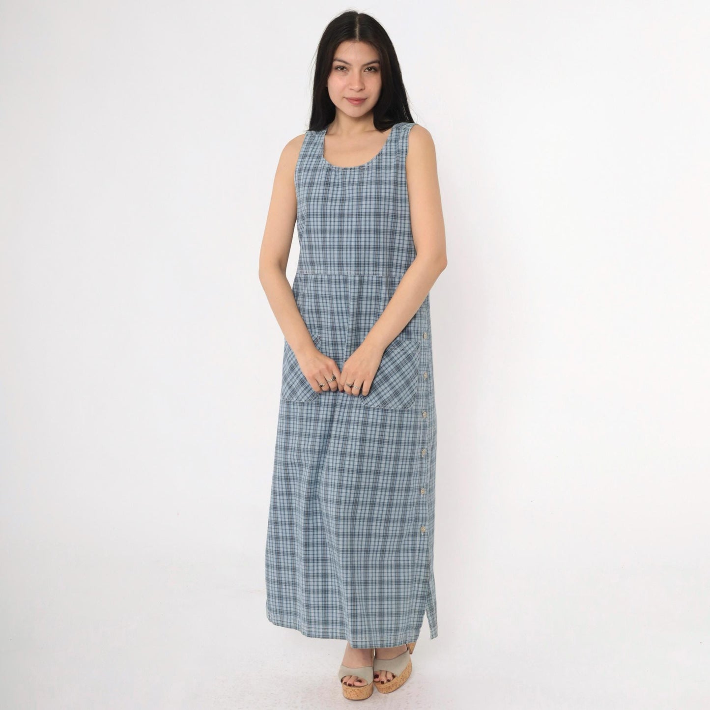 90s Erika & Co Blue Plaid Maxi Jumper Dress Cotton High Waist Medium M